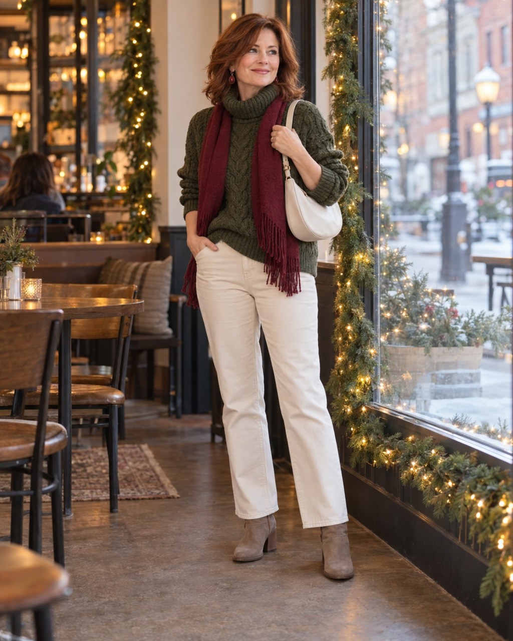 Woman in an forest green cable-knit turtleneck, cream trousers and taupe ankle boots with a cranberry scarf, standing by a cozy winter cafe window