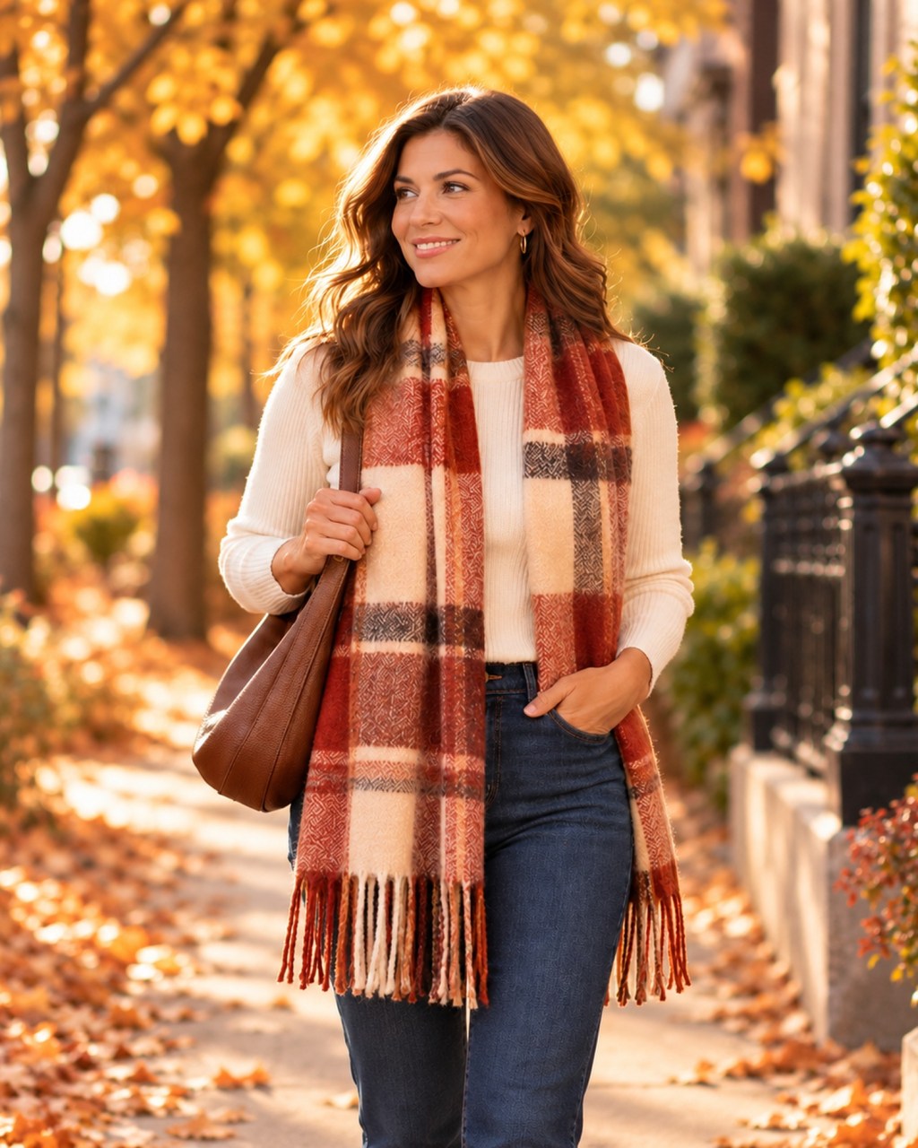 Woman in her 40s walking down an autumn street in a rust and cream plaid blanket scarf, cream knit, dark jeans and a brown shoulder bag