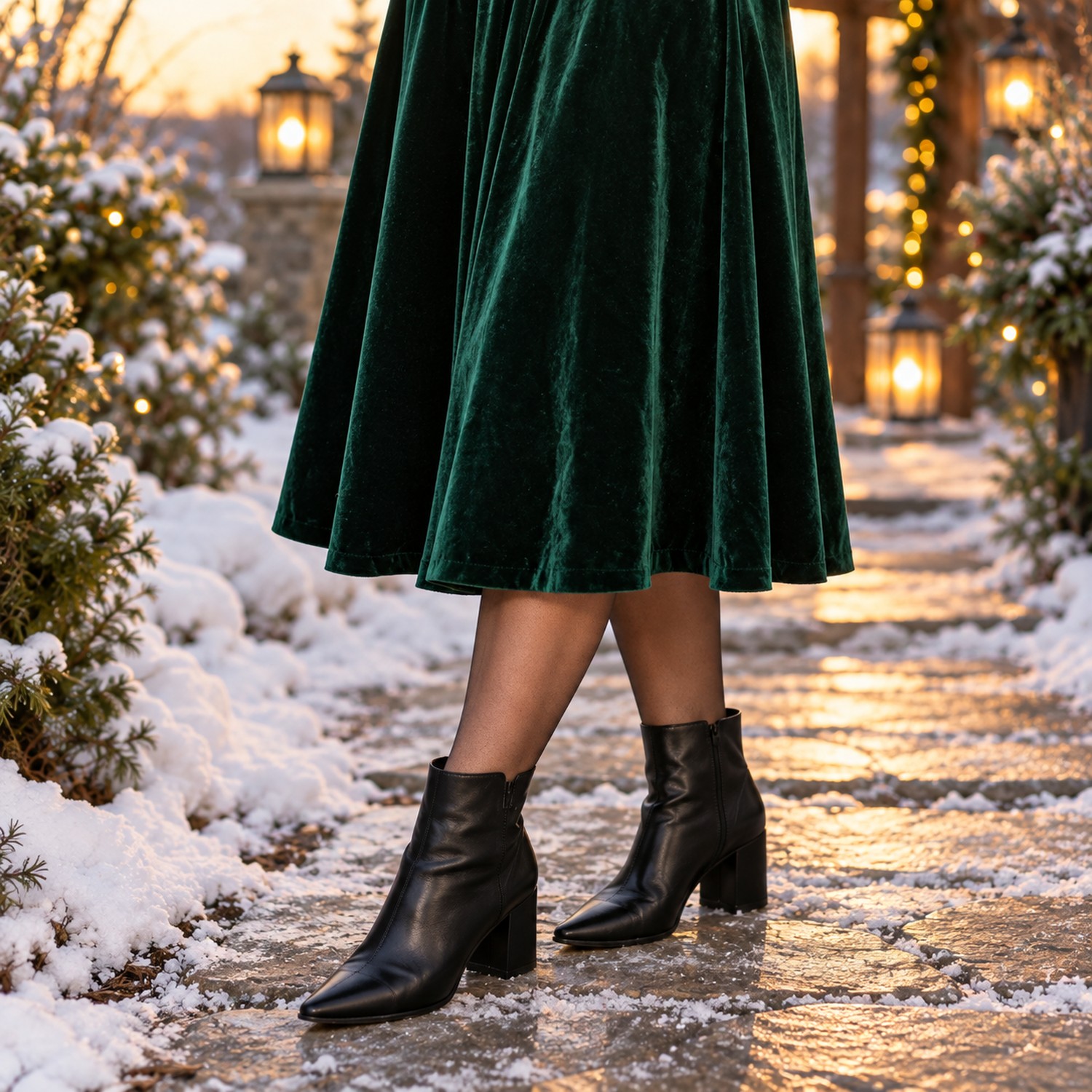 Emerald velvet dress hem with black tights and black ankle boots on a snowy path