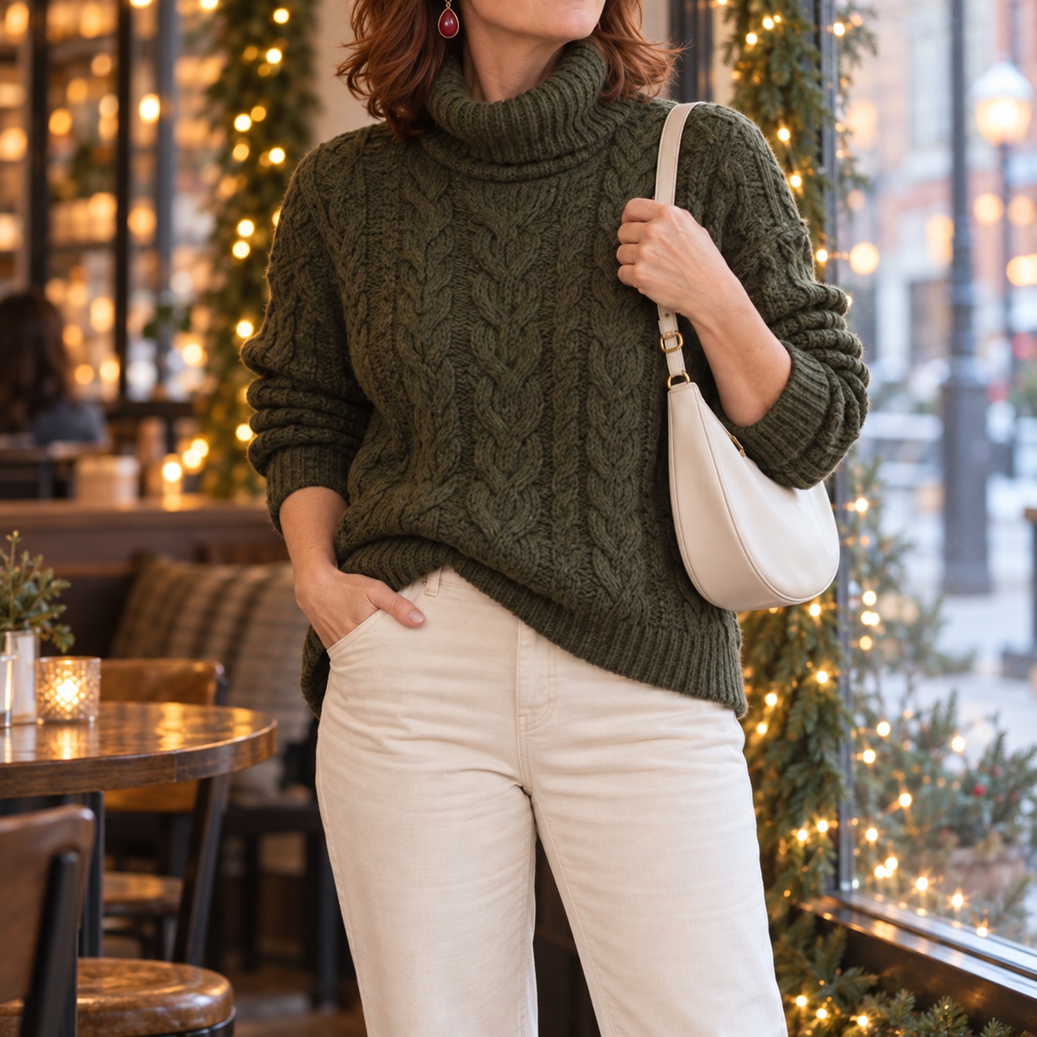 Forest green cable-knit sweater worn with cream trousers in a cozy winter cafe