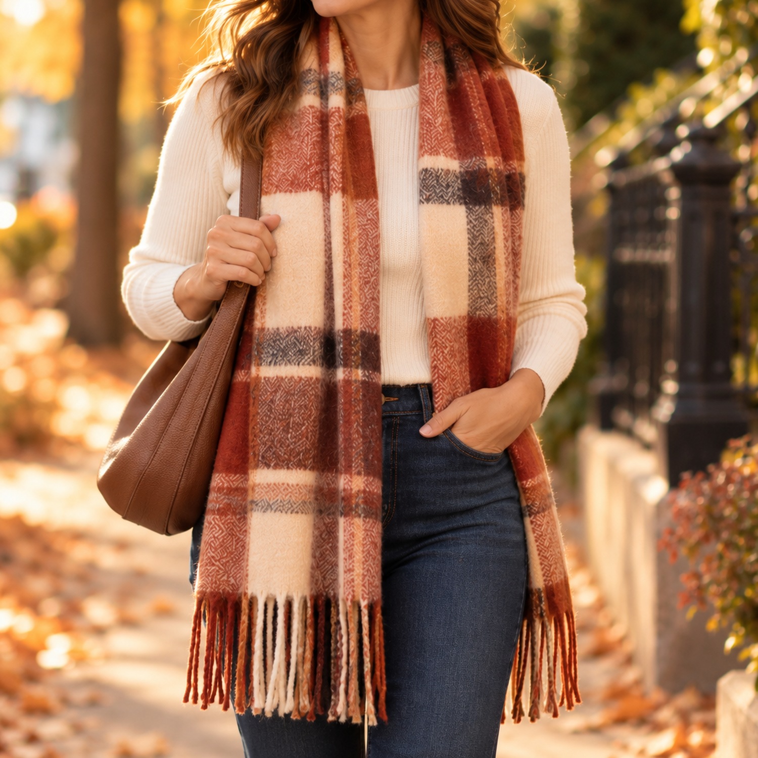 Plaid blanket scarf folded into one long drape over a cream sweater and jeans