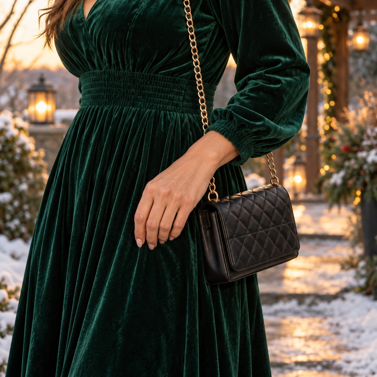 Black quilted crossbody with a gold chain against an emerald velvet dress