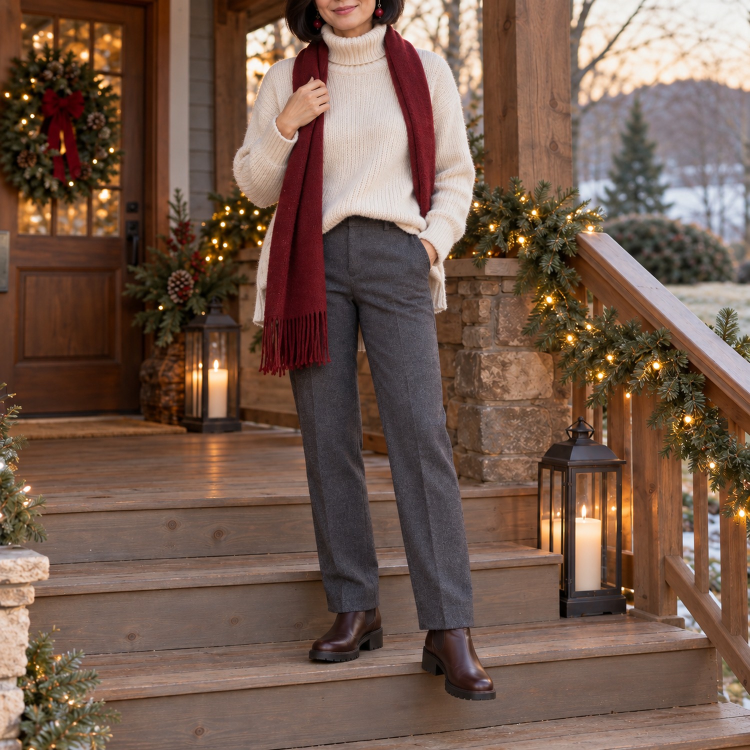 Charcoal trousers flowing into chocolate brown Chelsea ankle boots in one unbroken dark line, with a cream sweater hem at the top, on a winter porch