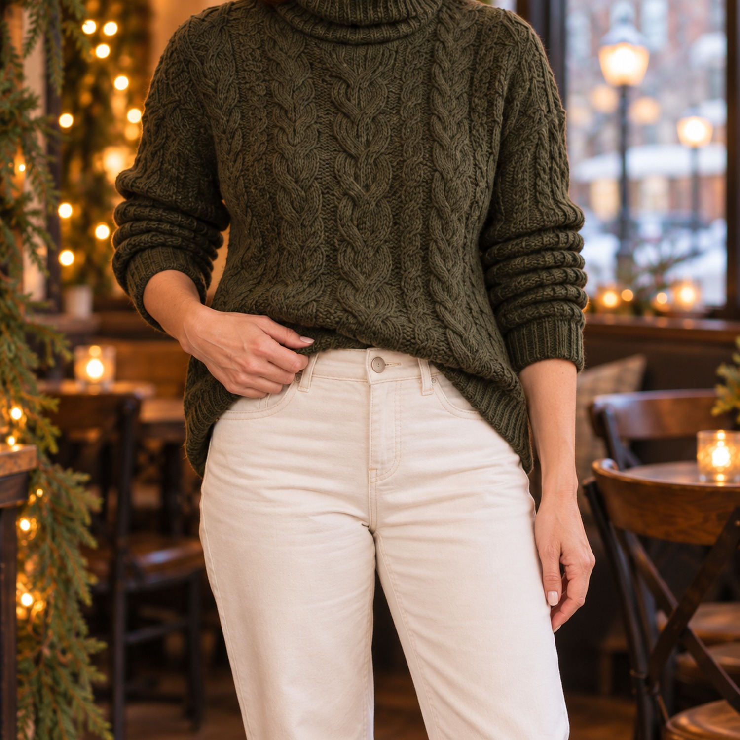 Forest green sweater with the front hem tucked into cream trousers and sleeves pushed up, cafe window glow behind