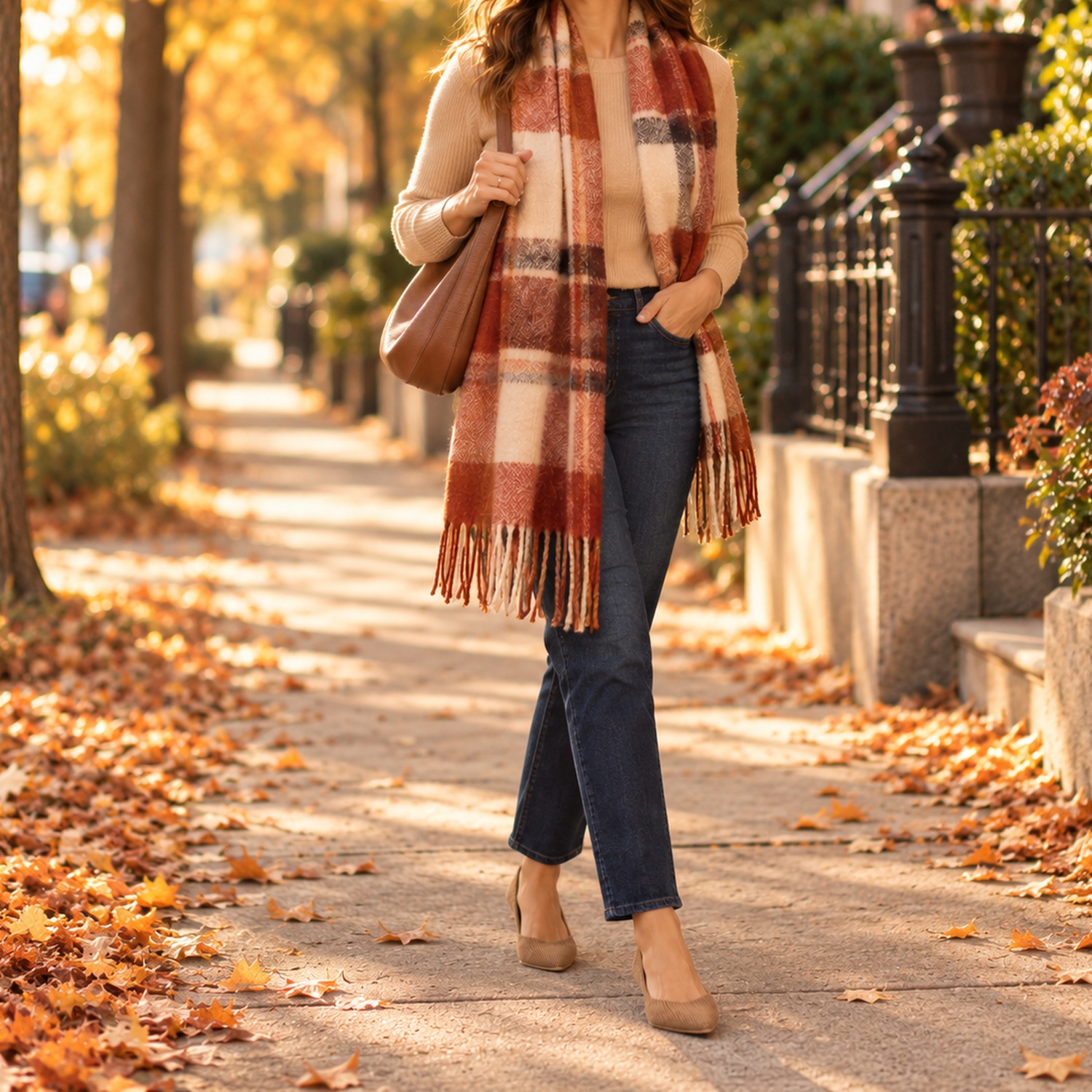 Cream sweater, dark jeans and tan flats with a brown shoulder bag under a plaid scarf