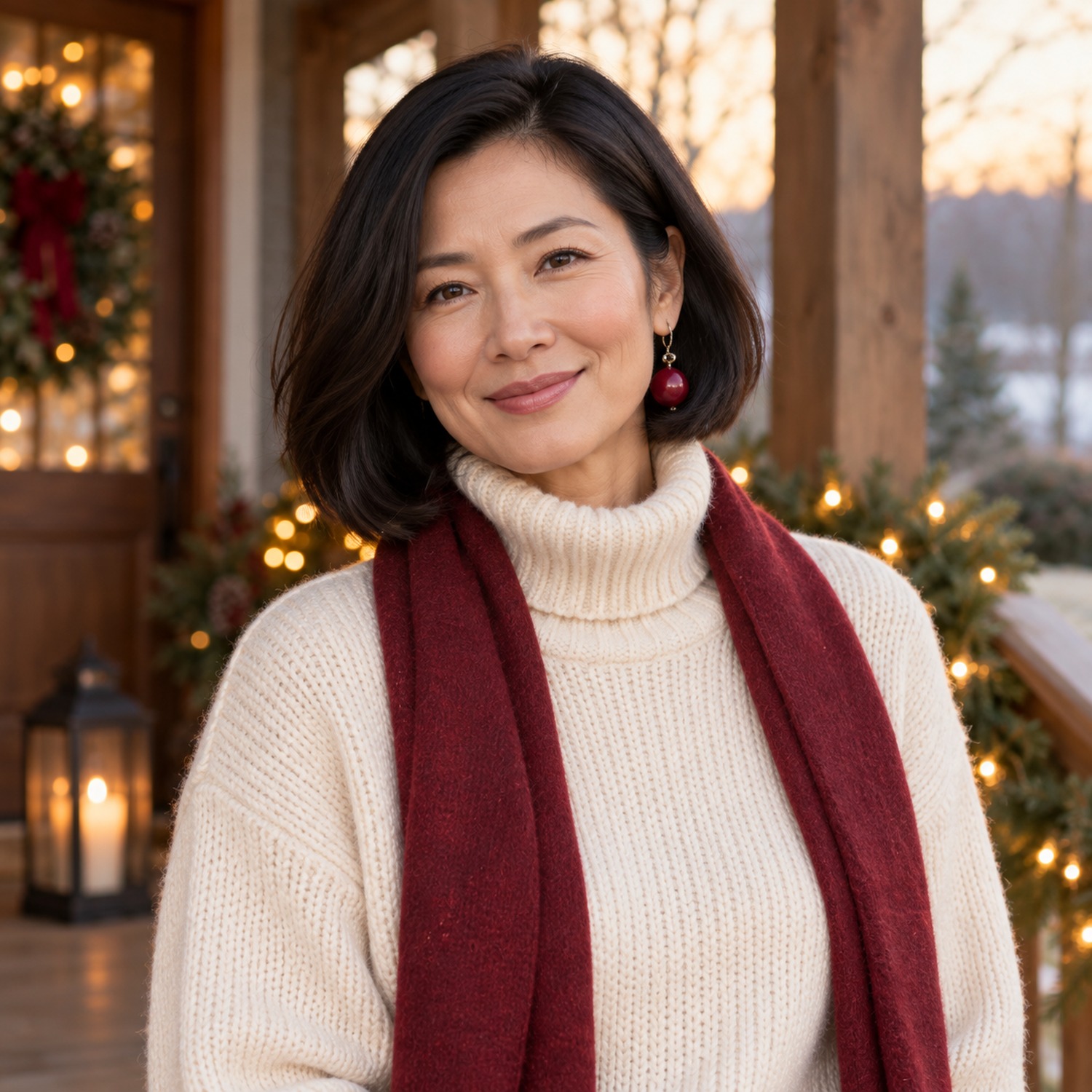 Close-up of a woman in a cream turtleneck with a cranberry scarf and cranberry drop earring, porch twinkle lights softly blurred behind her