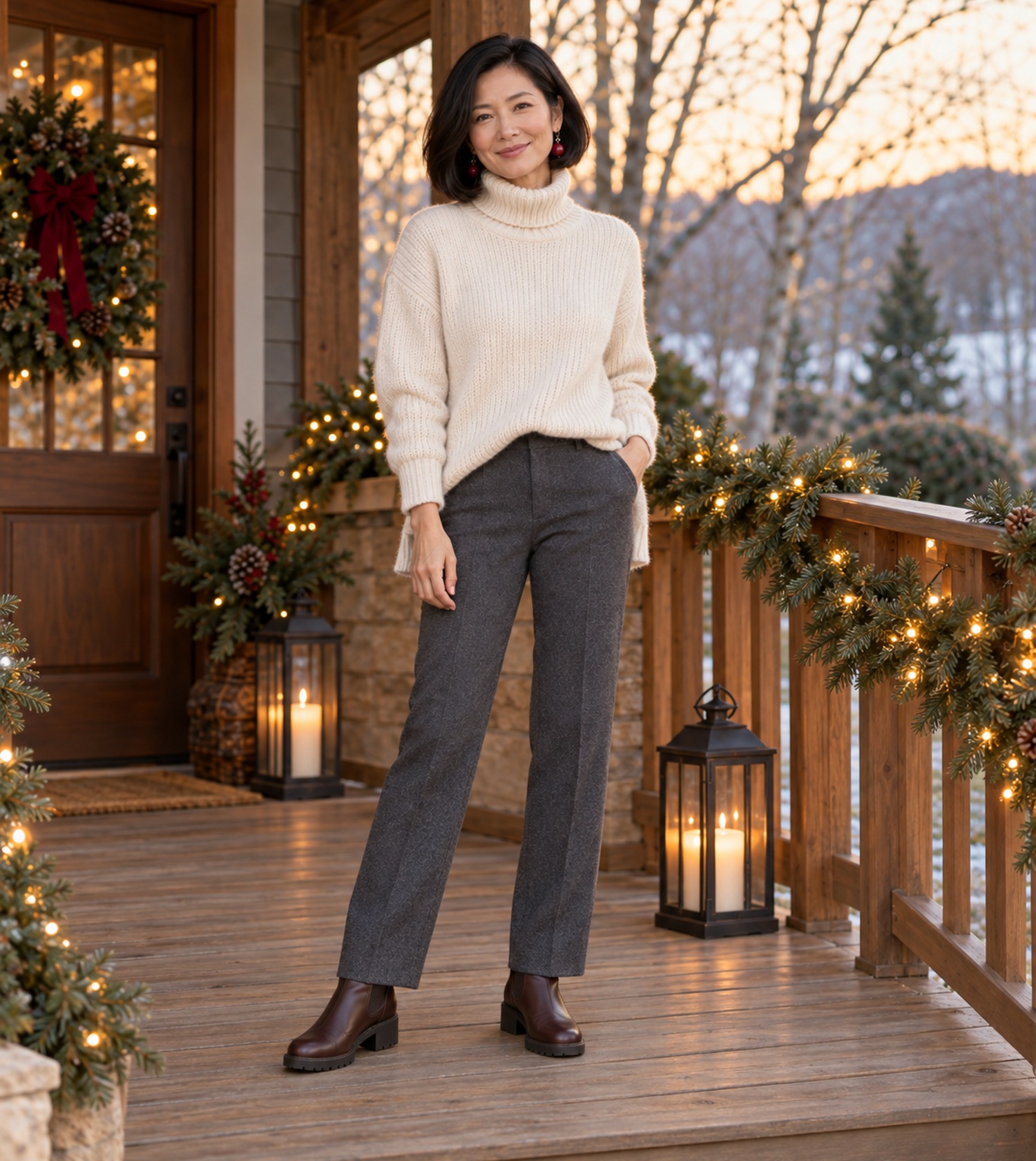 Outfit idea: cream chunky-knit turtleneck, charcoal straight-leg trousers and chocolate brown Chelsea ankle boots on a winter porch