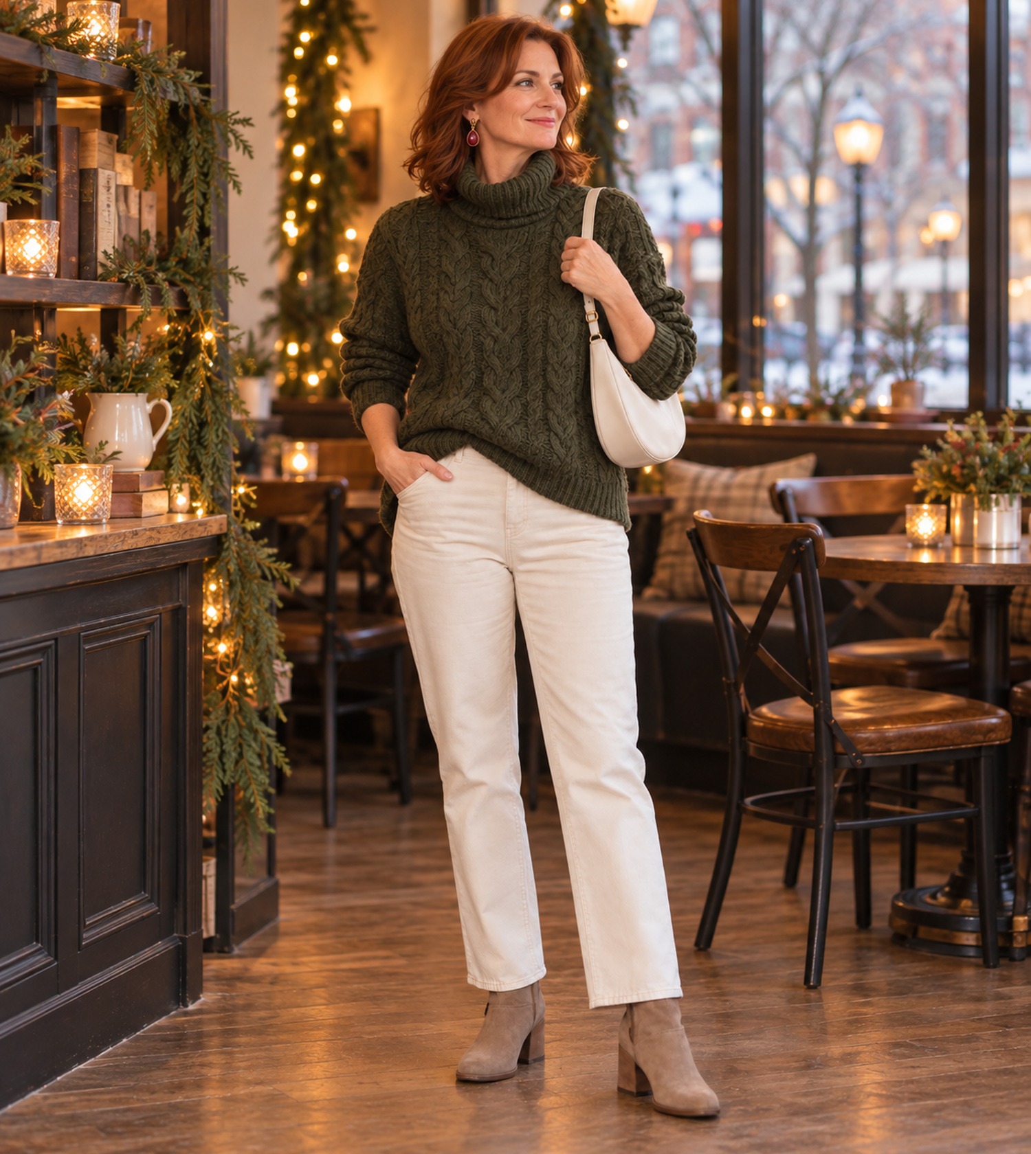 Outfit idea: forest green cable-knit sweater, cream trousers and taupe boots in a winter cafe