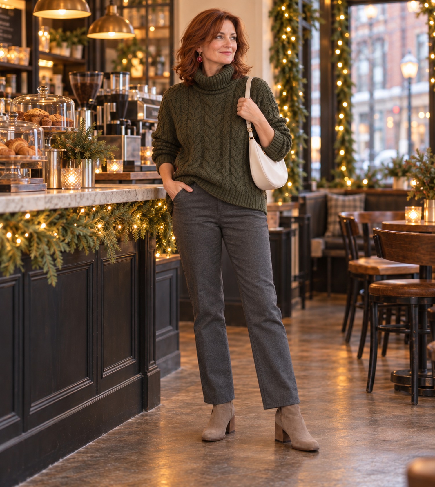 Outfit idea: forest green cable-knit sweater with charcoal trousers and taupe boots near a cafe counter