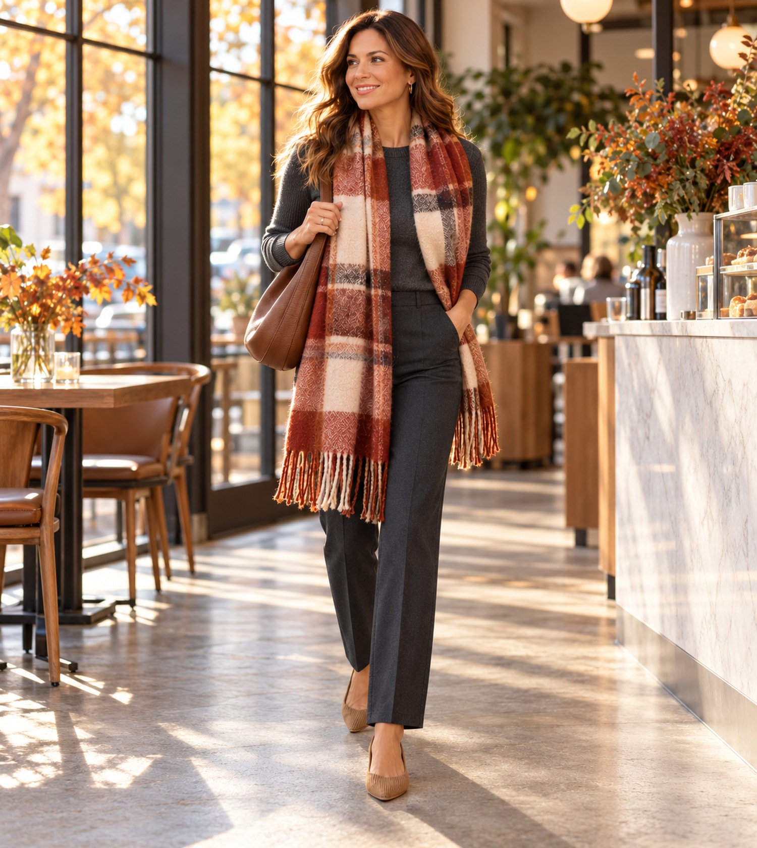 Office look with a plaid blanket scarf, navy top, dark trousers and tan flats