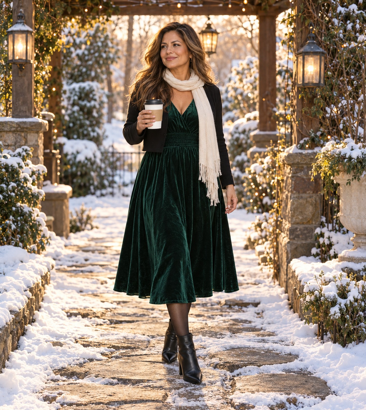 Emerald velvet dress with a short black jacket, cream scarf, black ankle boots and a coffee for an errand day