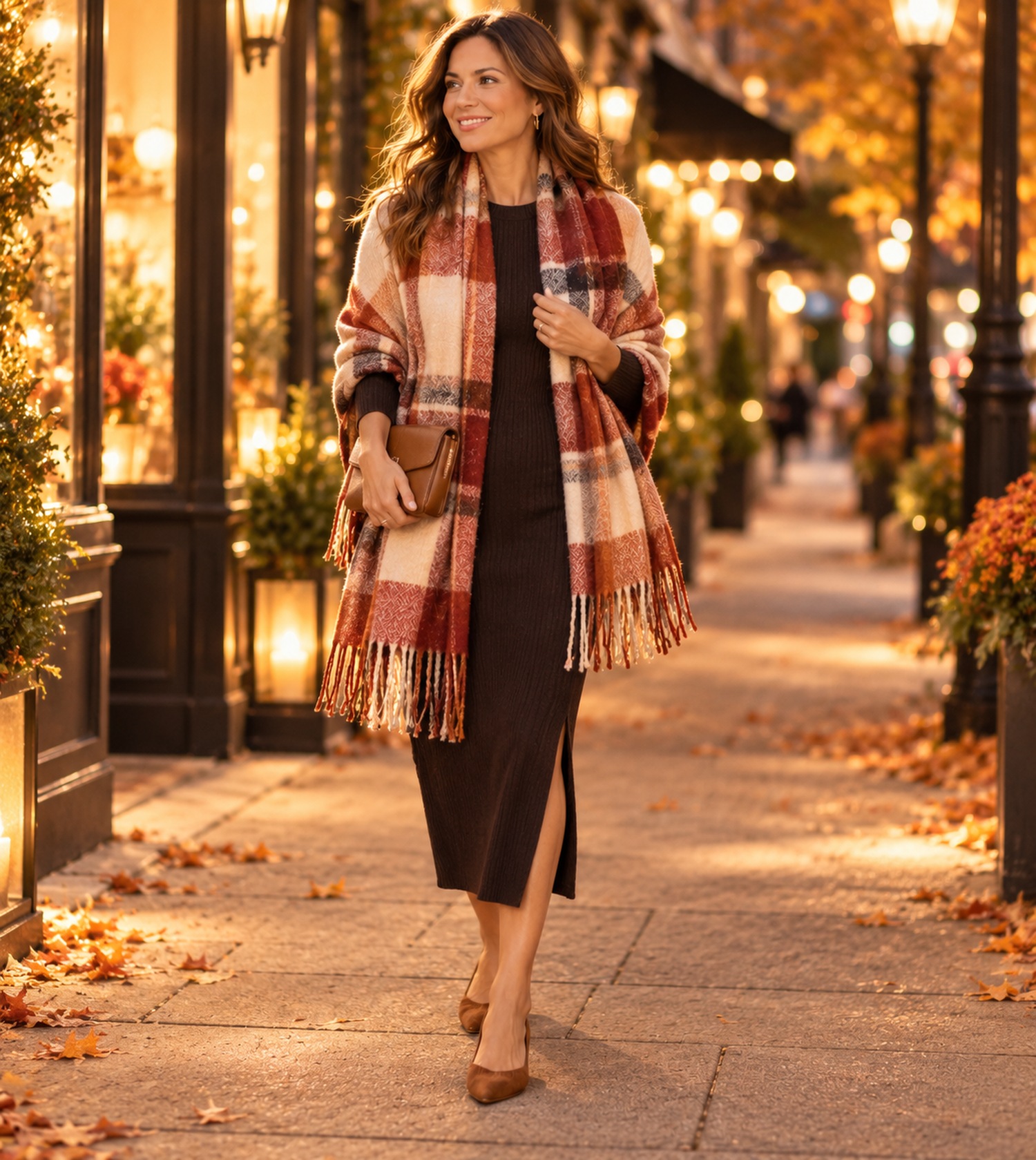Dinner look with a plaid blanket scarf over a black midi dress