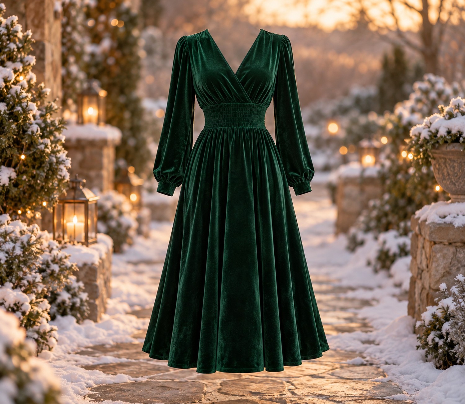 Emerald green velvet midi dress with V-neck, long sleeves and smocked waist