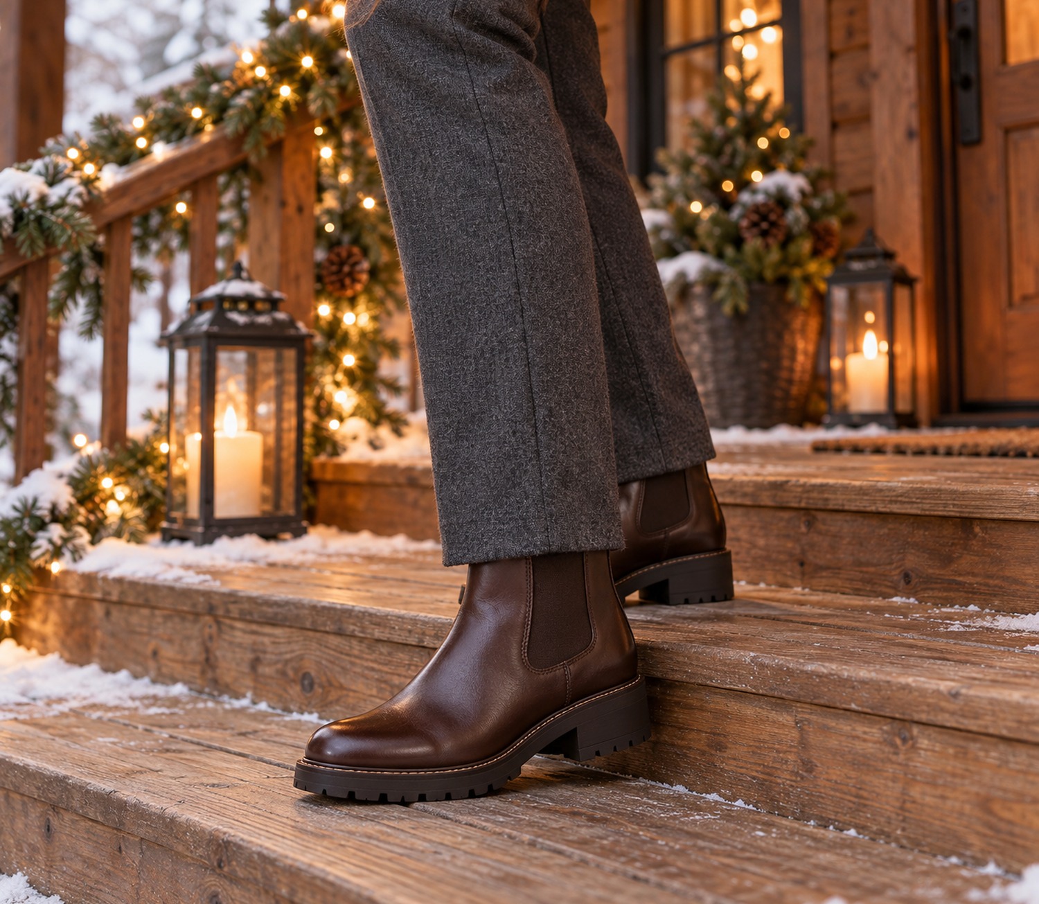 Chocolate brown Chelsea ankle boots with a low block heel, elastic side and chunky lug sole, worn with charcoal trousers on wood porch steps