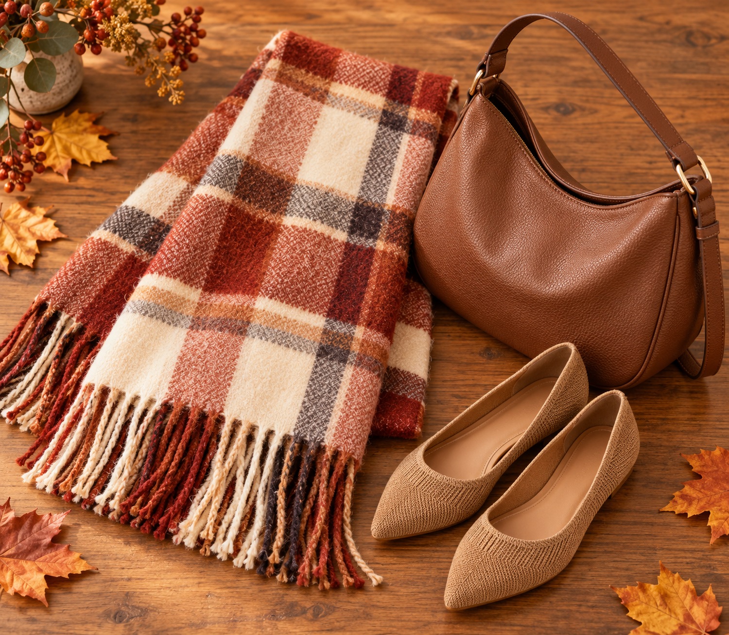 Plaid blanket scarf, brown hobo bag and tan knit flats on a wood table