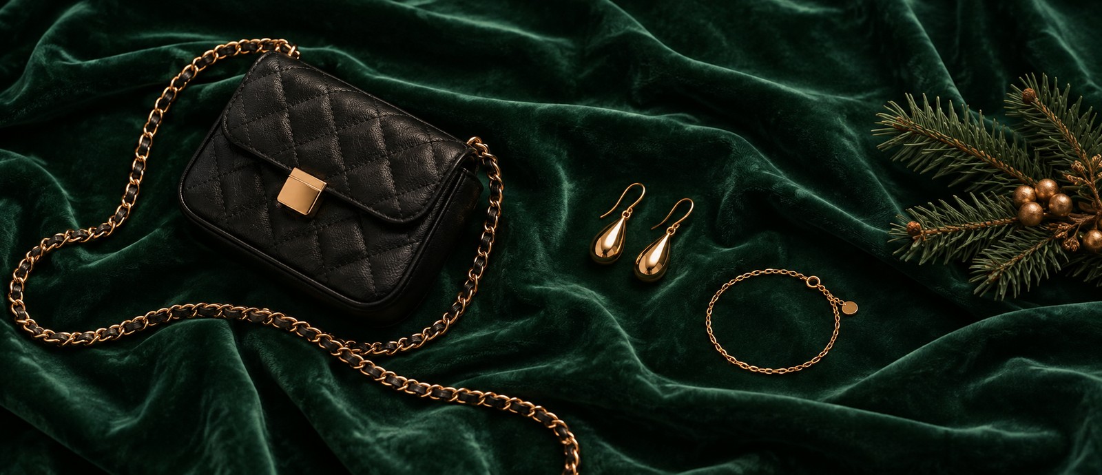 Styling illustration of a black quilted chain bag, gold earrings and bracelet on emerald velvet