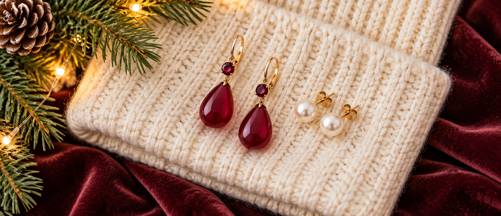 Styling illustration of cranberry drop earrings and pearl studs on a cream knit swatch over chocolate brown velvet with an evergreen sprig and twinkle lights