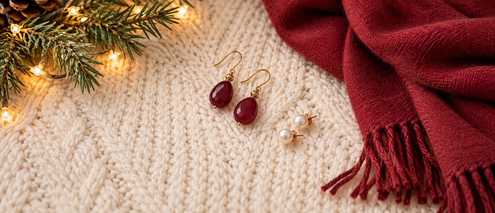 Styling illustration of cranberry drop earrings, pearl studs and a cranberry scarf on a cream knit