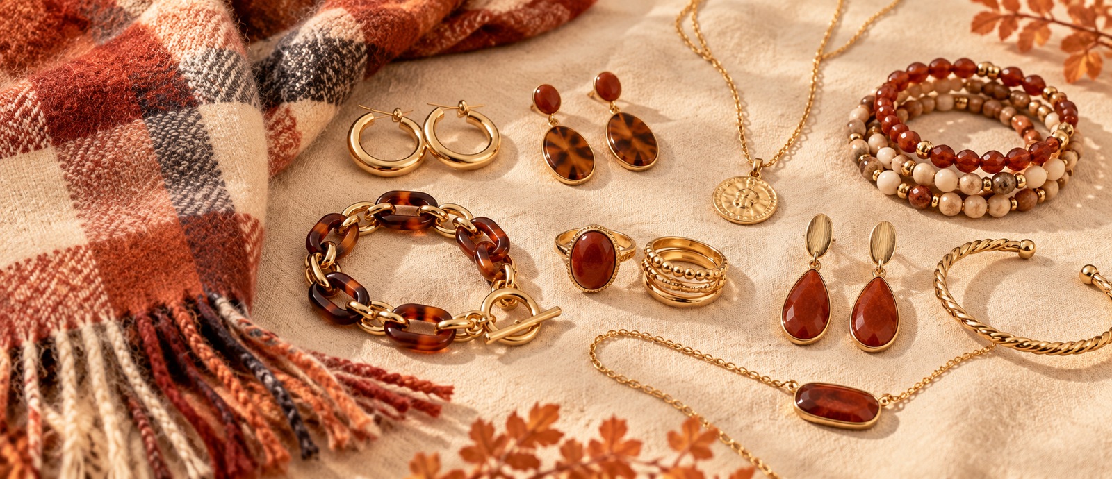 Styling illustration: rust and gold jewelry beside a plaid scarf