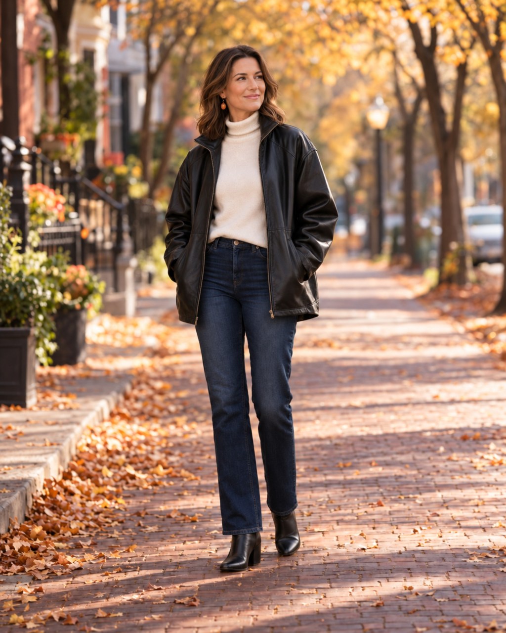 Woman in her 40s wearing an open black faux leather jacket over an ivory turtleneck, dark jeans and ankle boots on an autumn brick street