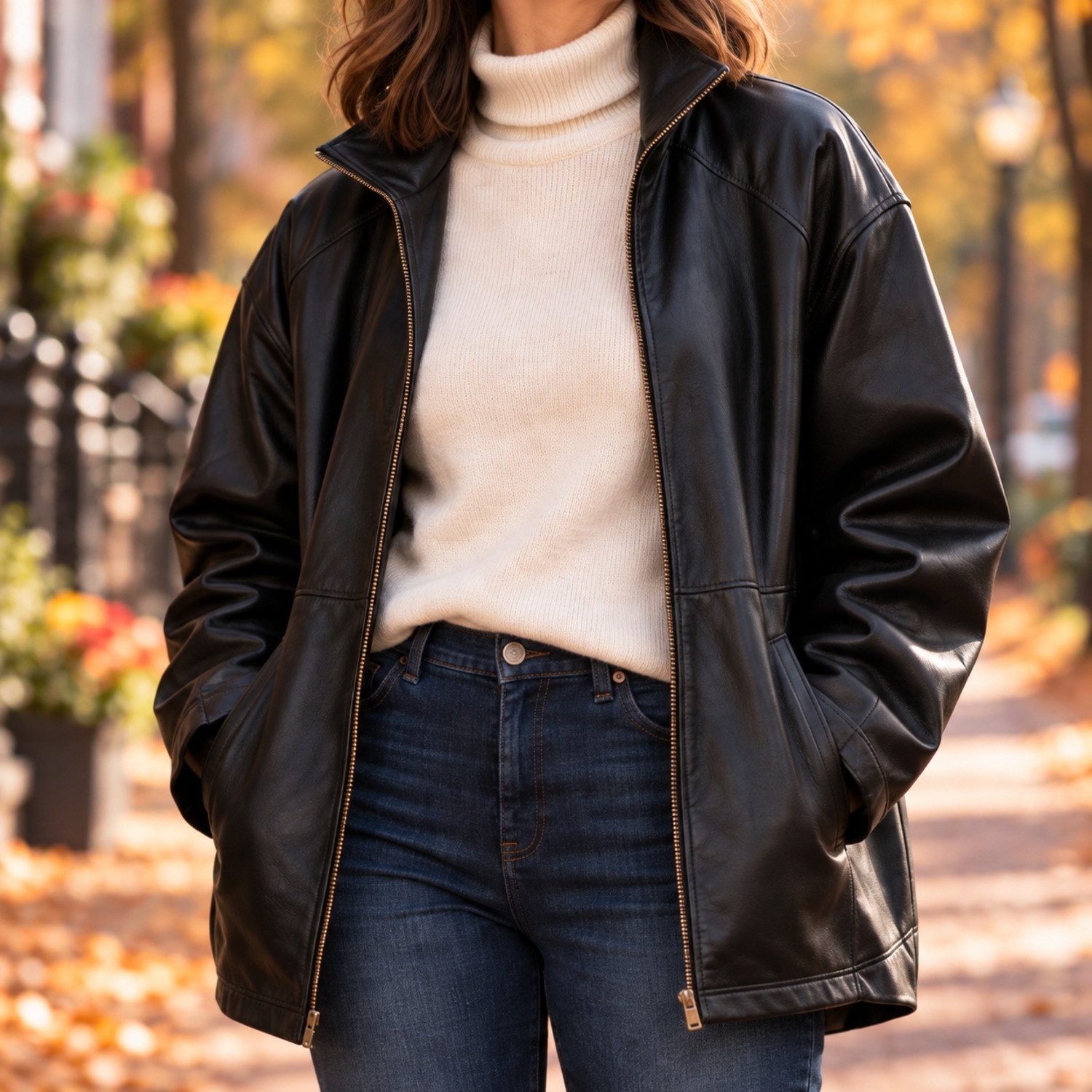 Ivory turtleneck under an open black faux leather jacket, chest-to-hip detail