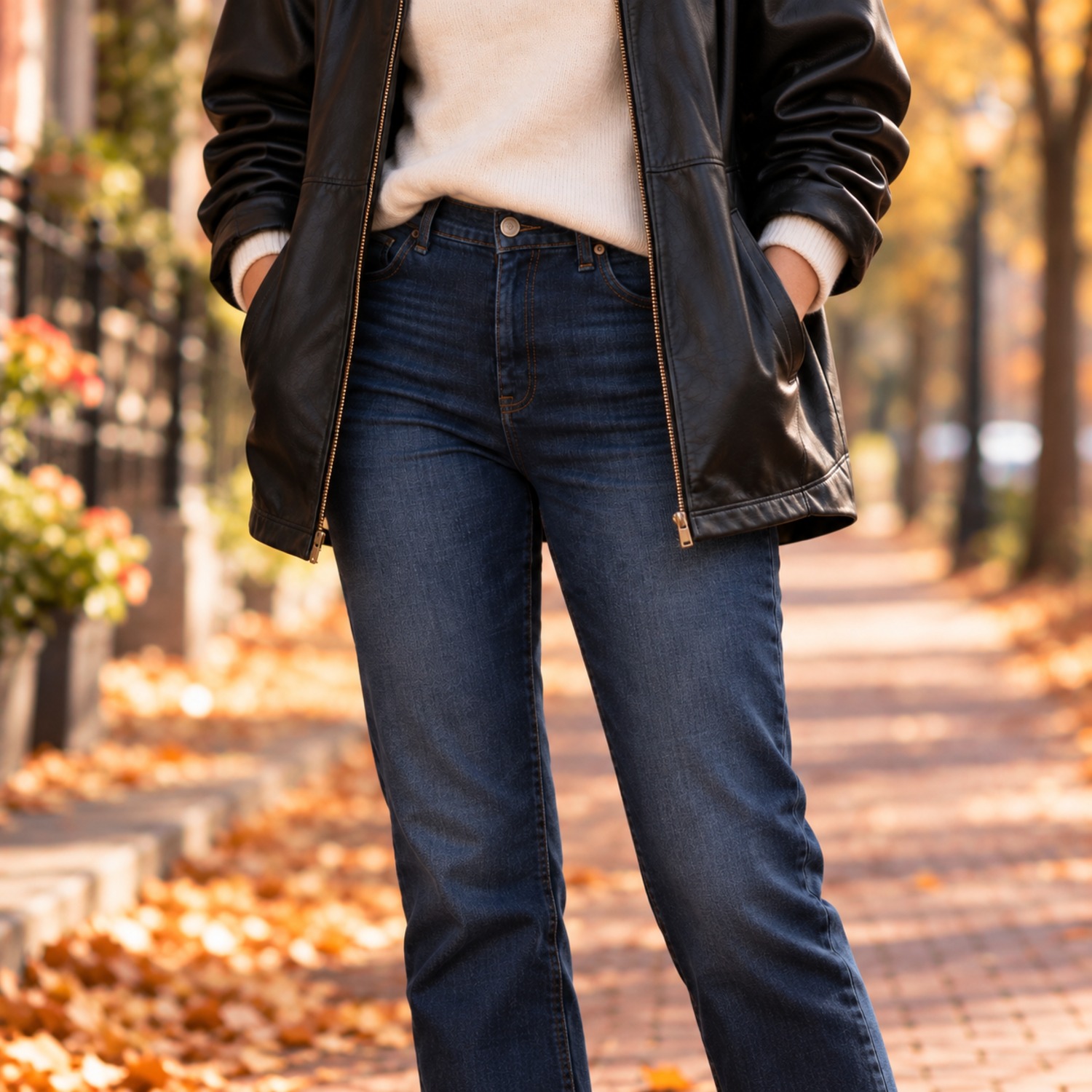 Open black faux leather jacket with the hem just below the hip over dark straight-leg jeans