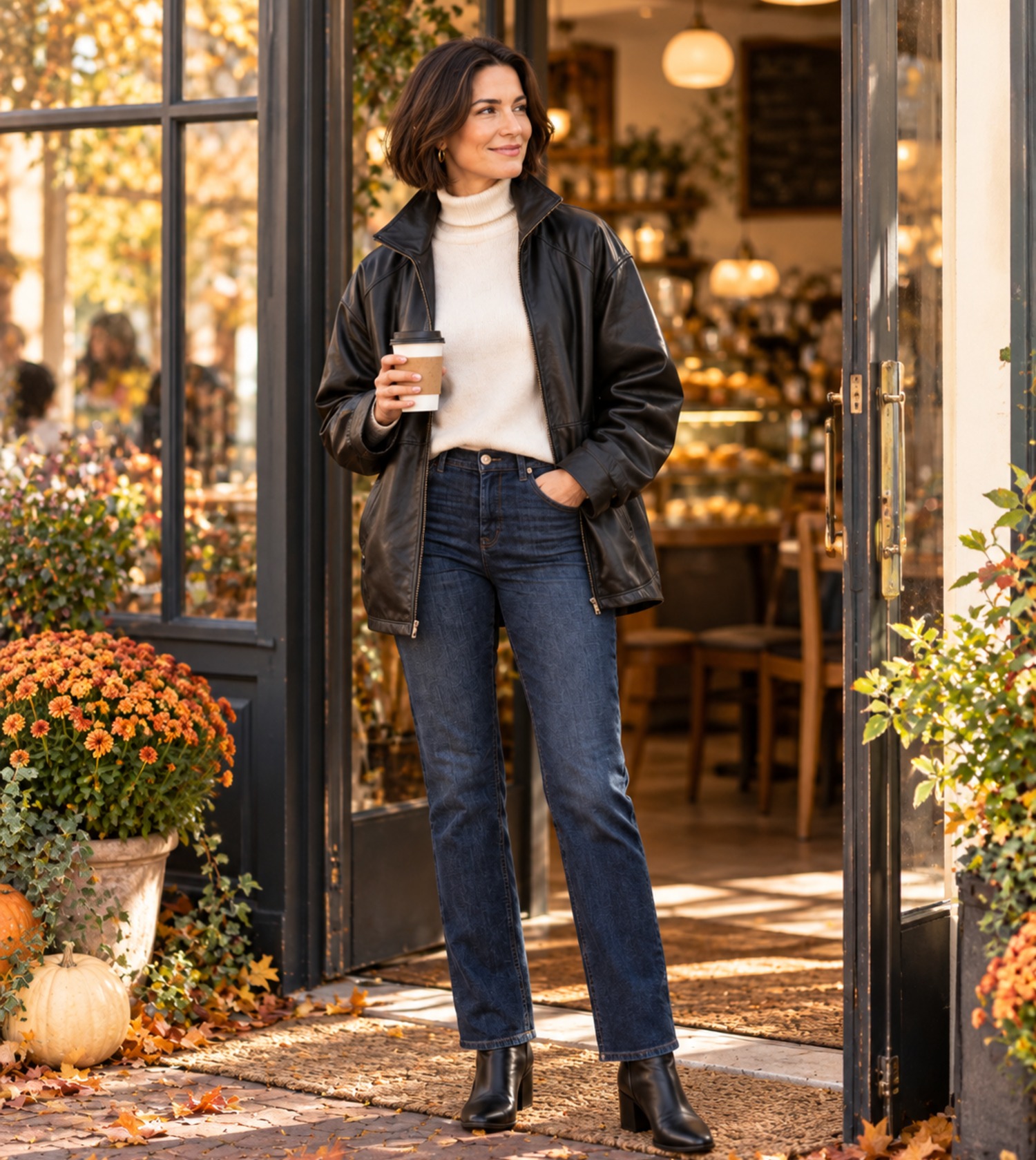 Woman in a cafe doorway wearing an open black faux leather jacket over an ivory turtleneck and dark jeans
