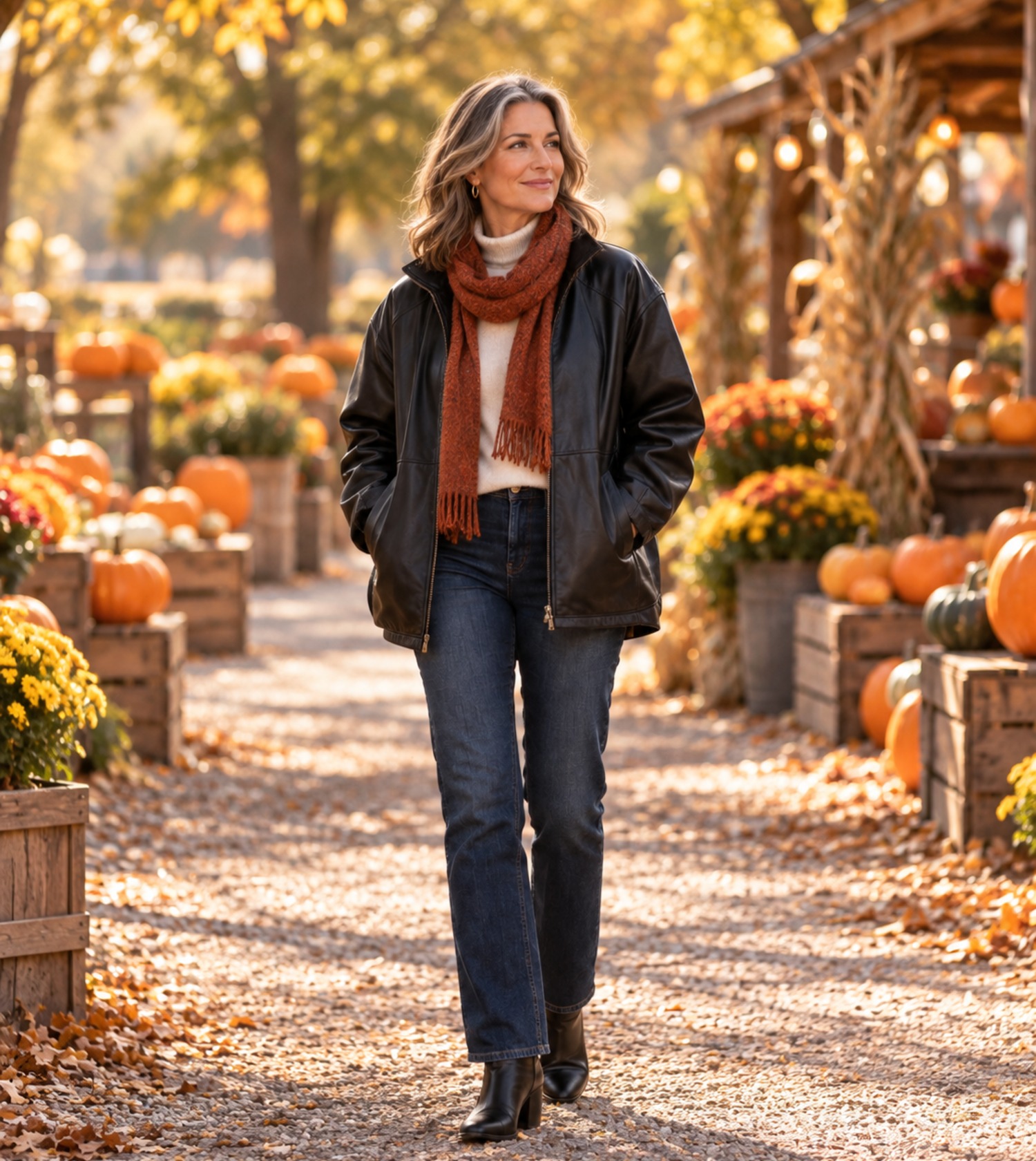 Woman on an autumn lane in an open black faux leather jacket with a rust scarf over a cream knit and dark jeans