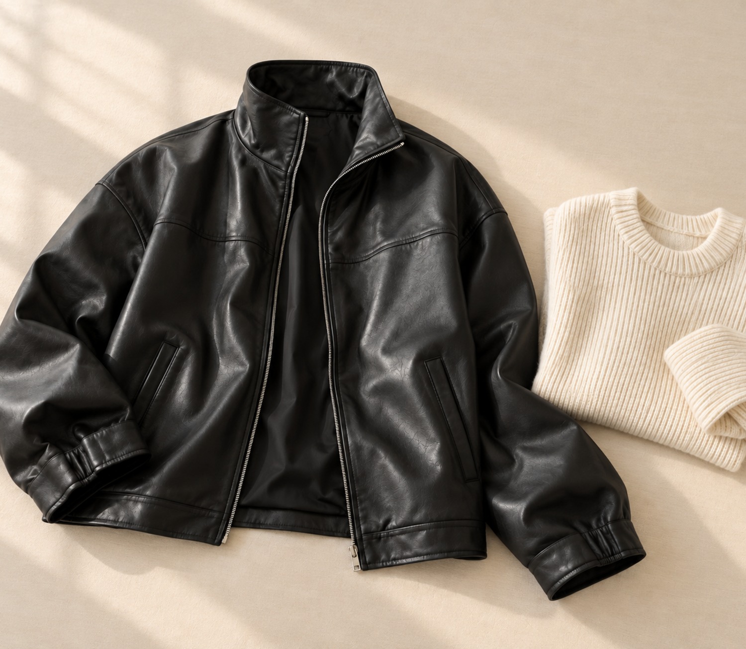 Black oversized faux leather jacket laid open on a cream surface beside a folded ivory knit