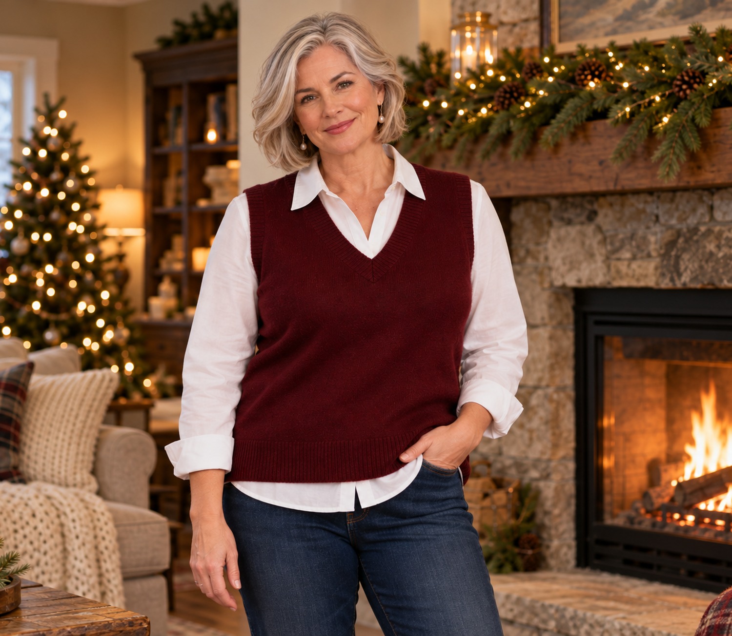 Burgundy V-neck sweater vest worn over a white shirt, showing the V neckline and ribbed trim
