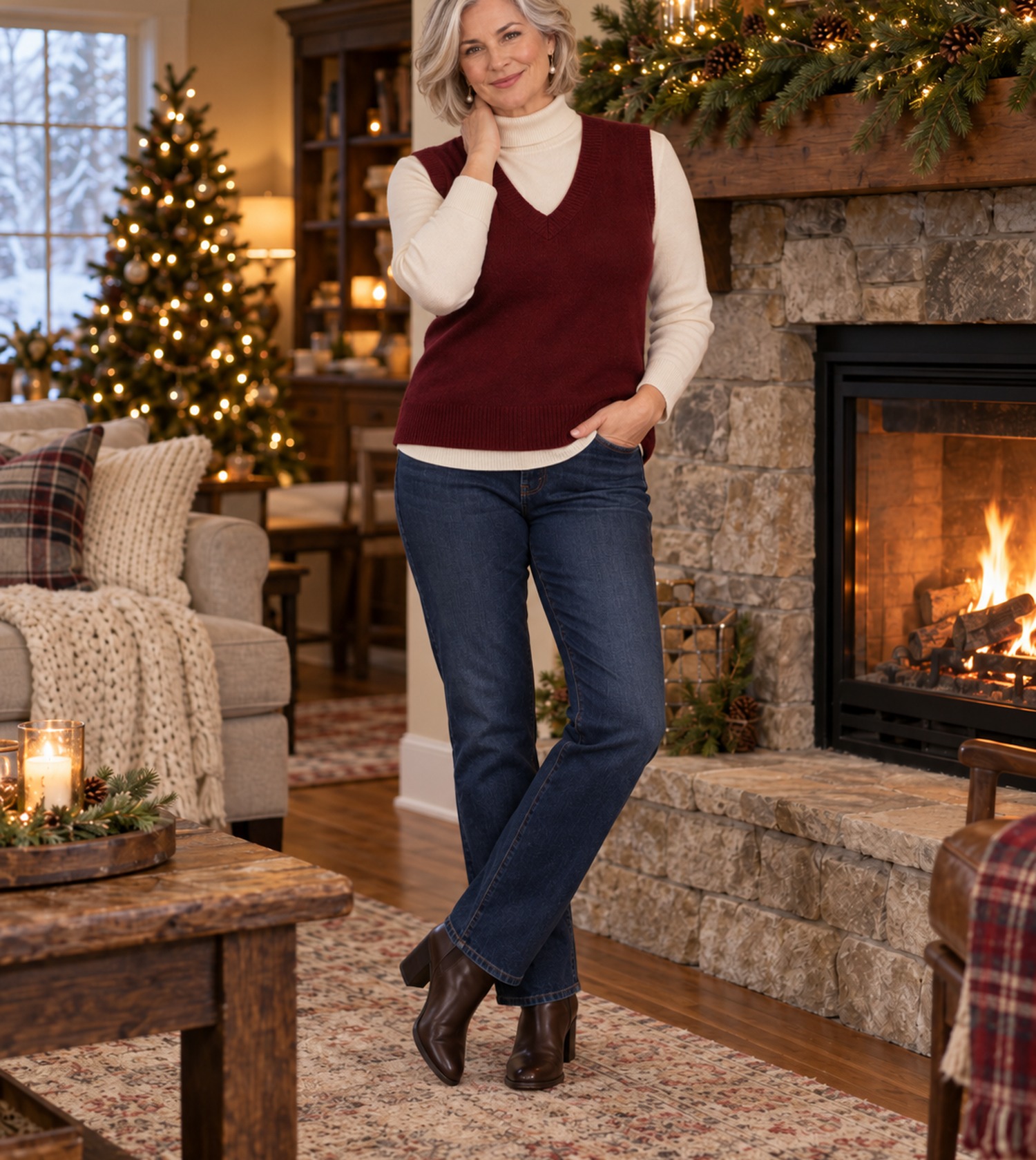 Burgundy sweater vest over a fine cream turtleneck with dark jeans and ankle boots by a stone fireplace
