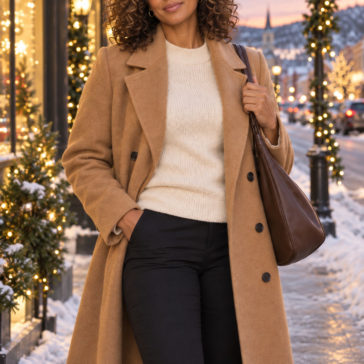 Close-up of a cream knit sweater layered under a camel double-breasted coat with a coffee-brown hobo bag