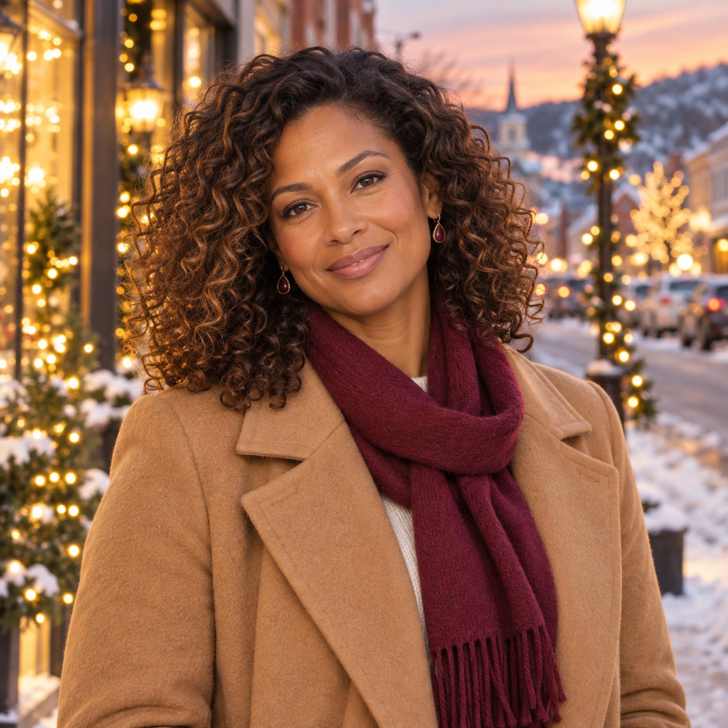 Smiling woman in a camel coat with a berry scarf and berry drop earrings in a softly lit winter street