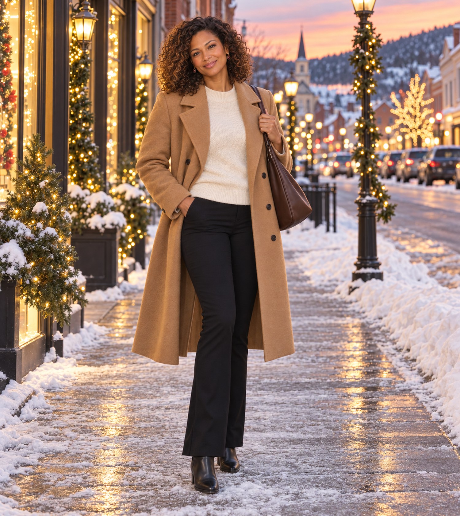 Outfit idea: camel coat worn open over a cream knit and black pants with a coffee-brown bag