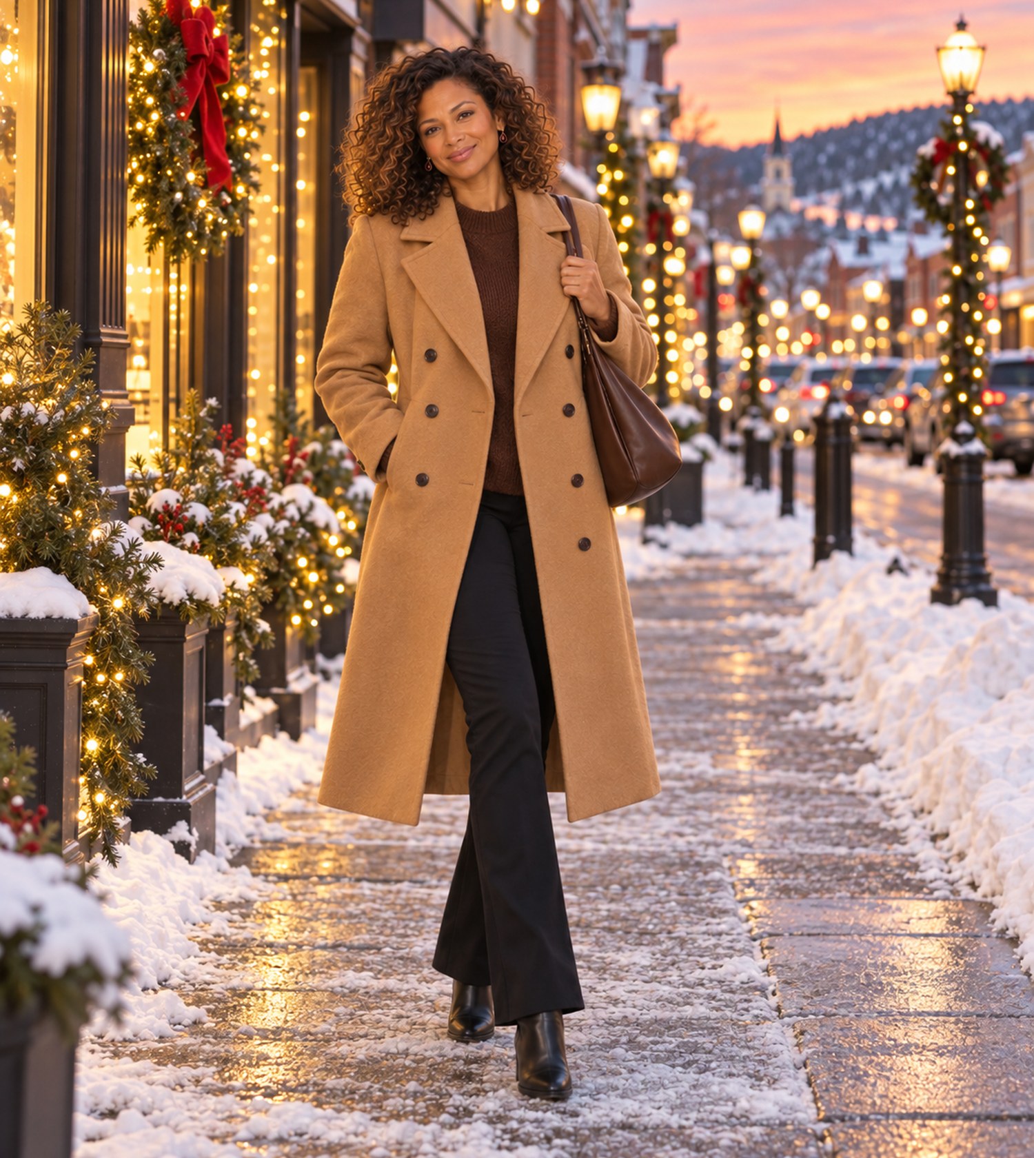 Outfit idea: buttoned camel coat over a chocolate-brown knit with black pants and ankle boots