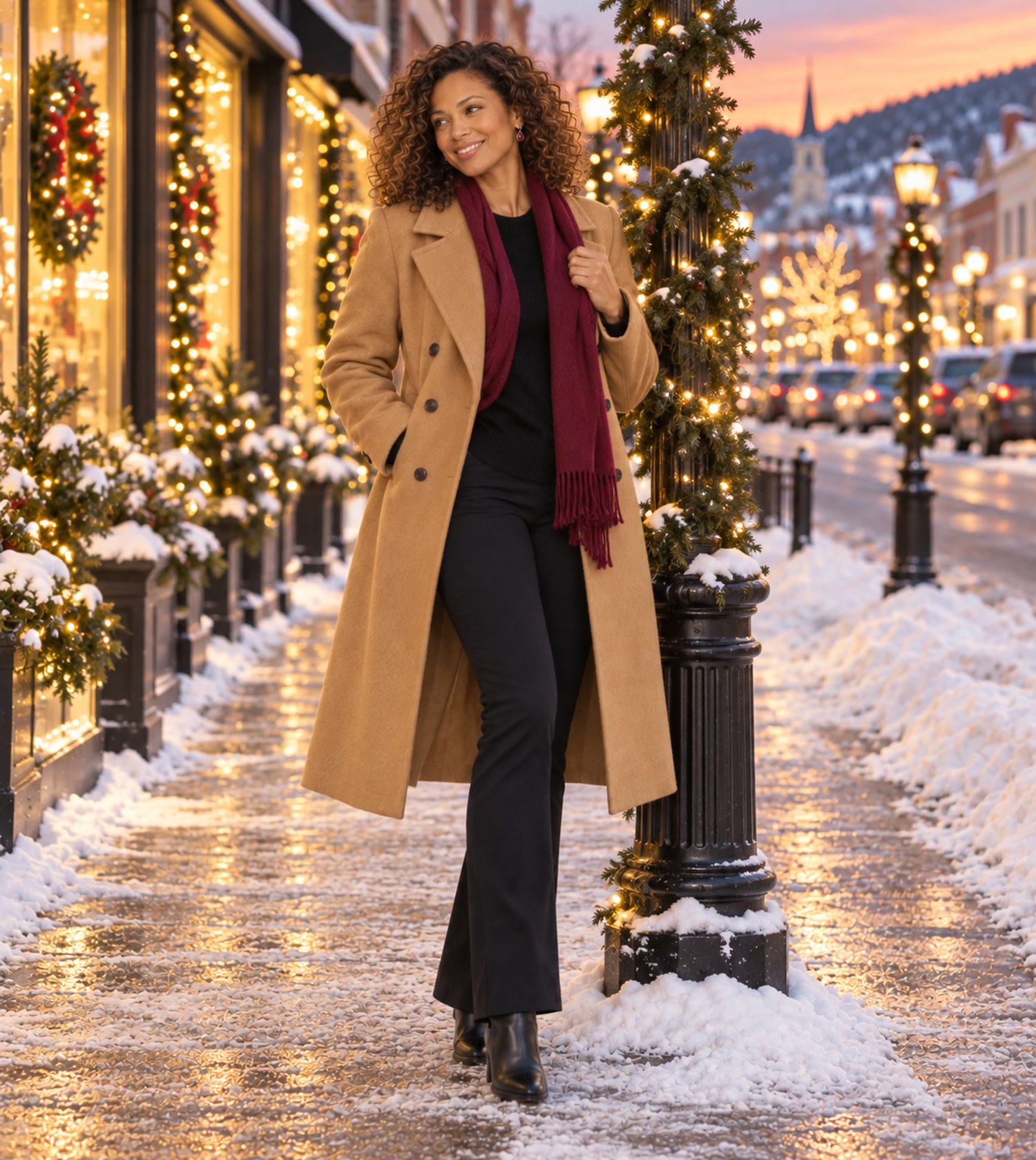 Outfit idea: camel coat over a black top with a berry scarf, standing by a garland-wrapped lamppost