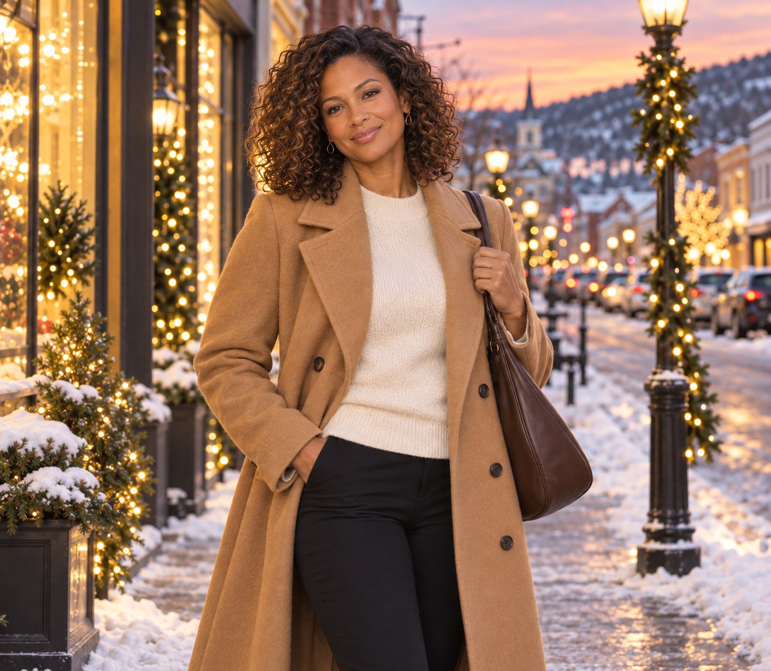 Camel wool-blend double-breasted coat styled with a cream knit, black pants and a coffee hobo bag in a winter street