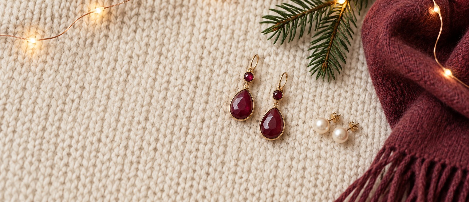 Styling illustration: berry drop earrings and pearl studs on a cream knit with evergreen and twinkle lights