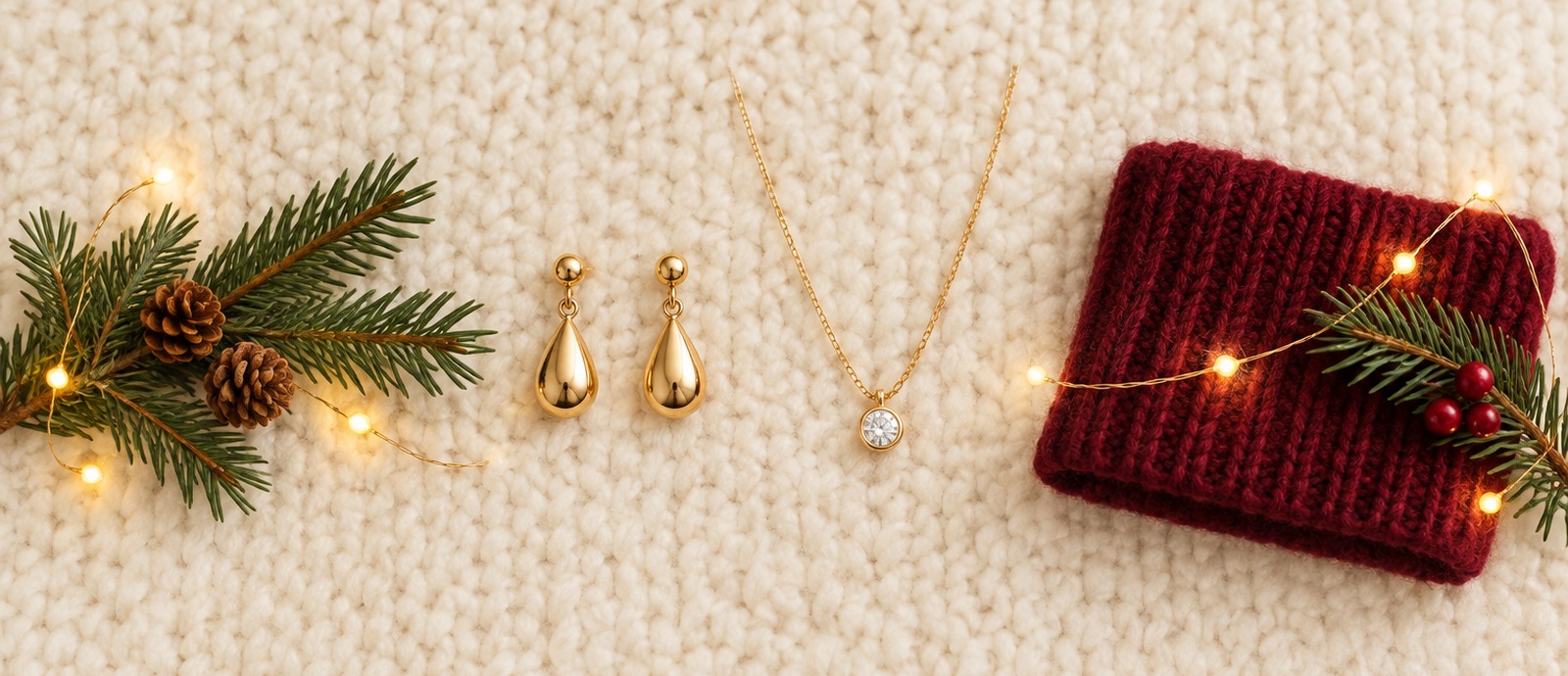 Styling illustration of drop earrings, a pendant necklace and a folded burgundy knit swatch on cream knit with an evergreen sprig and twinkle lights