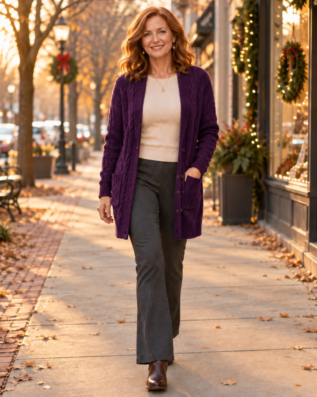 Woman in her 50s in a plum cable-knit long cardigan, cream ribbed top, charcoal bootcut pants and brown ankle boots walking down a tree-lined sidewalk at golden hour
