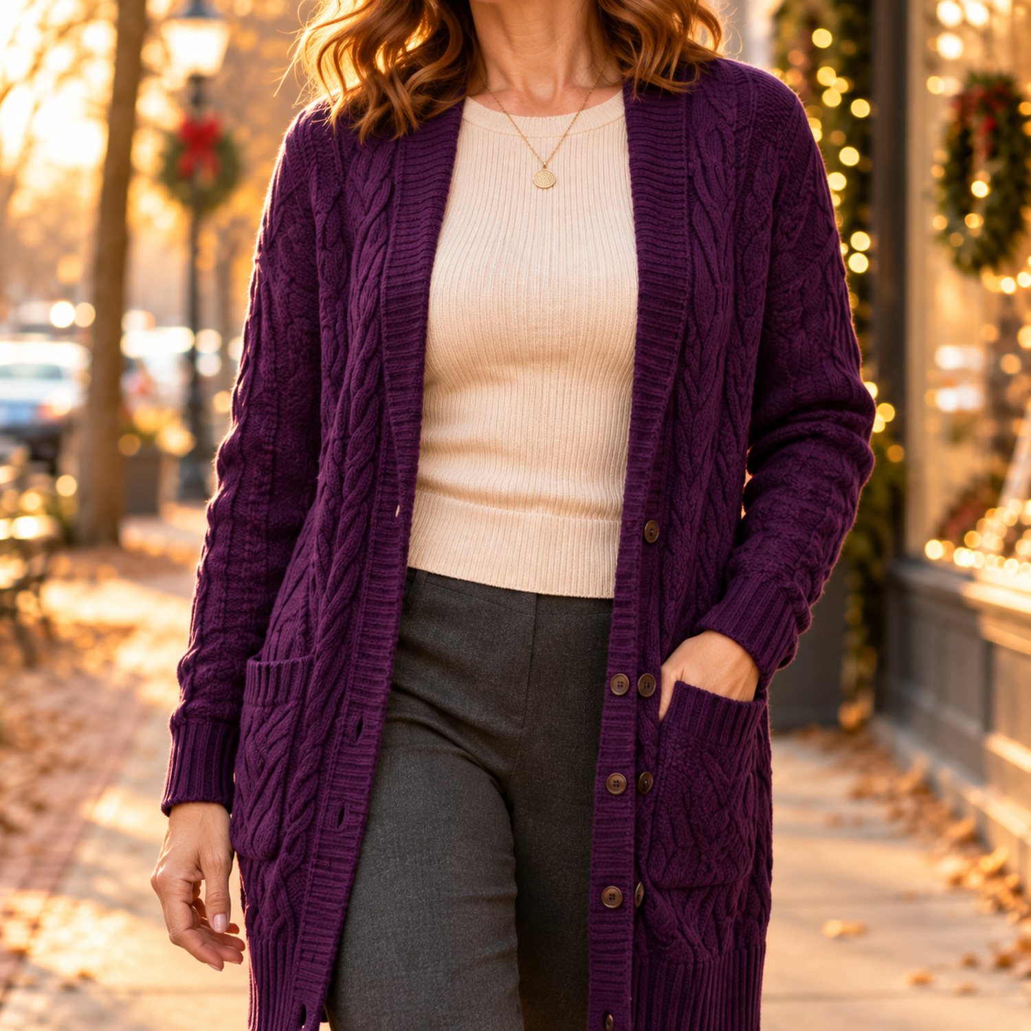 Close-up of a fitted cream ribbed top and pendant necklace under an open plum cable-knit cardigan