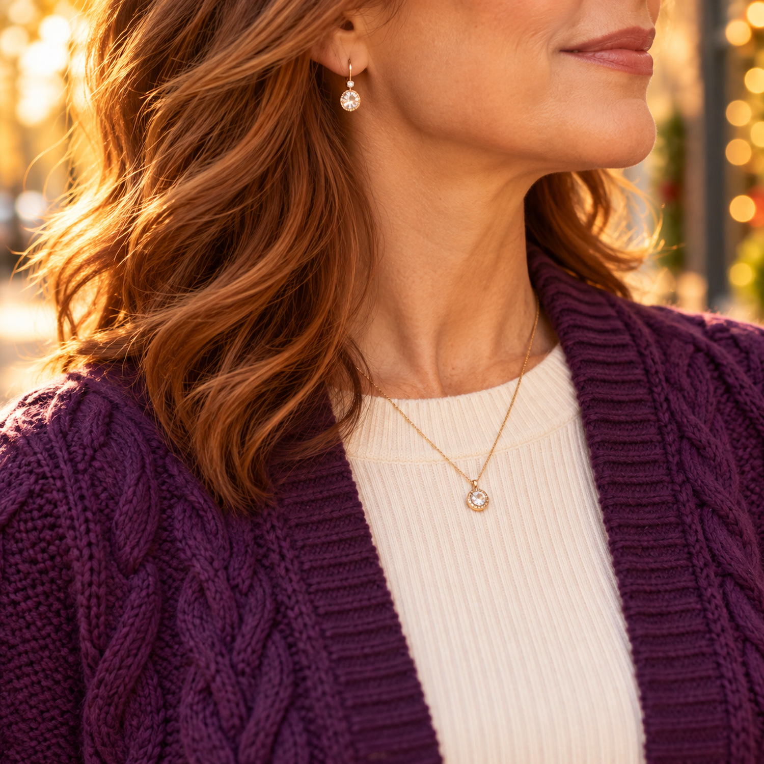 Side view of a drop earring, pendant necklace and the collar of a plum cable-knit cardigan over a cream top
