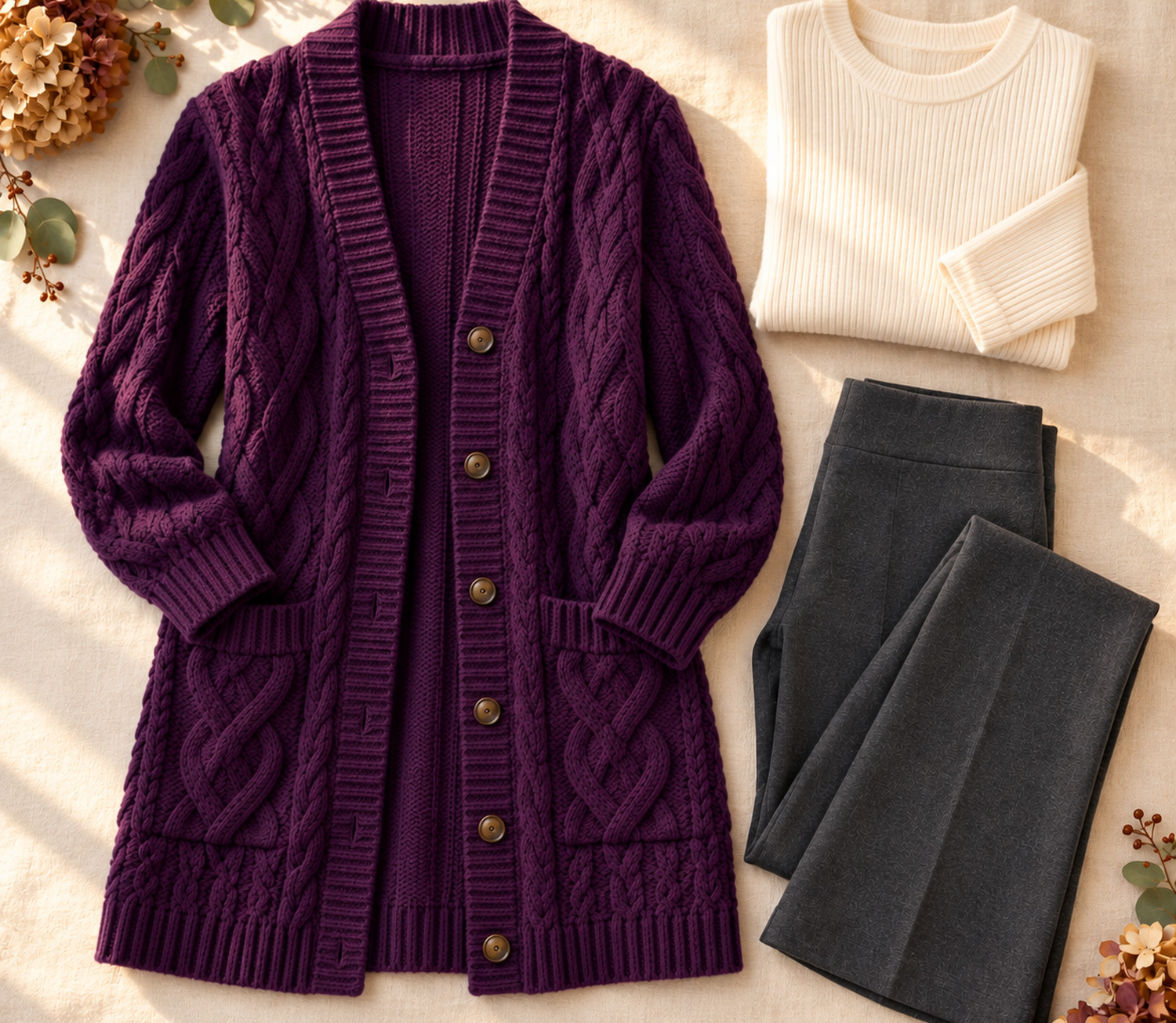 Styled flat lay of a plum cable-knit long cardigan with a folded cream ribbed top and folded charcoal grey pants on cream linen