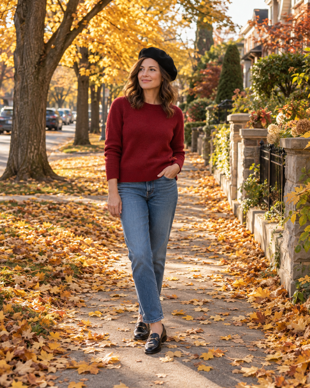 Woman in a cranberry red crew neck sweater, jeans, black loafers and a black beret walking along a leaf-covered fall sidewalk