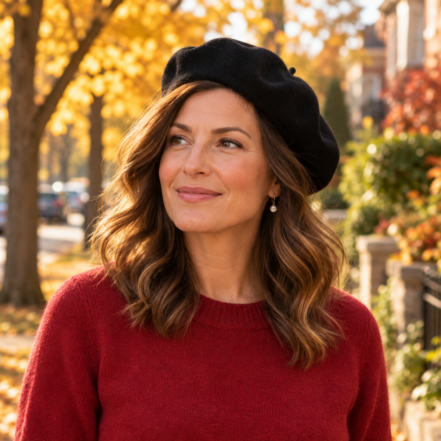 Woman wearing a black wool beret, small drop earrings and a cranberry red sweater