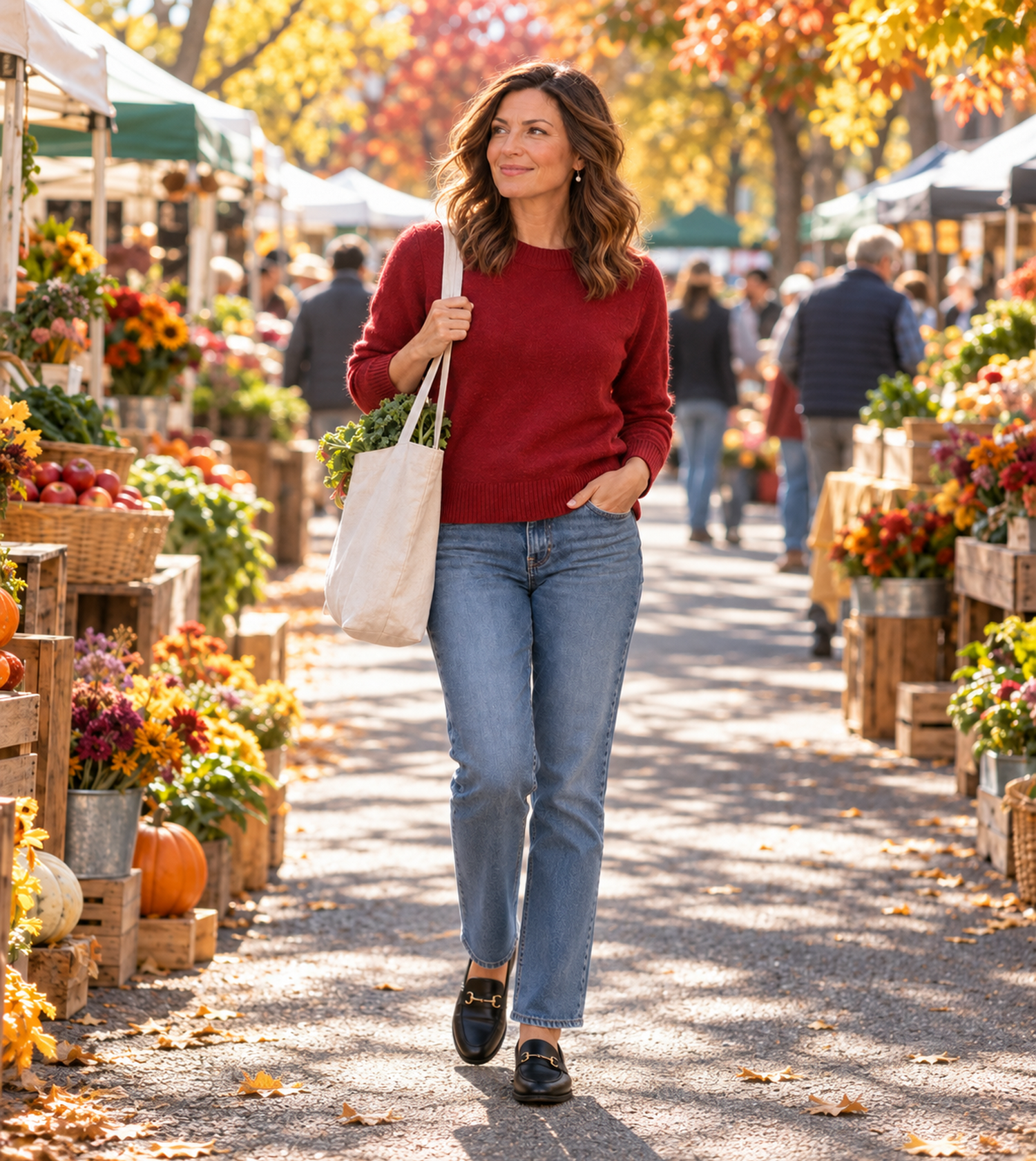 Cranberry red sweater with mid-wash jeans and black loafers at a farmers market