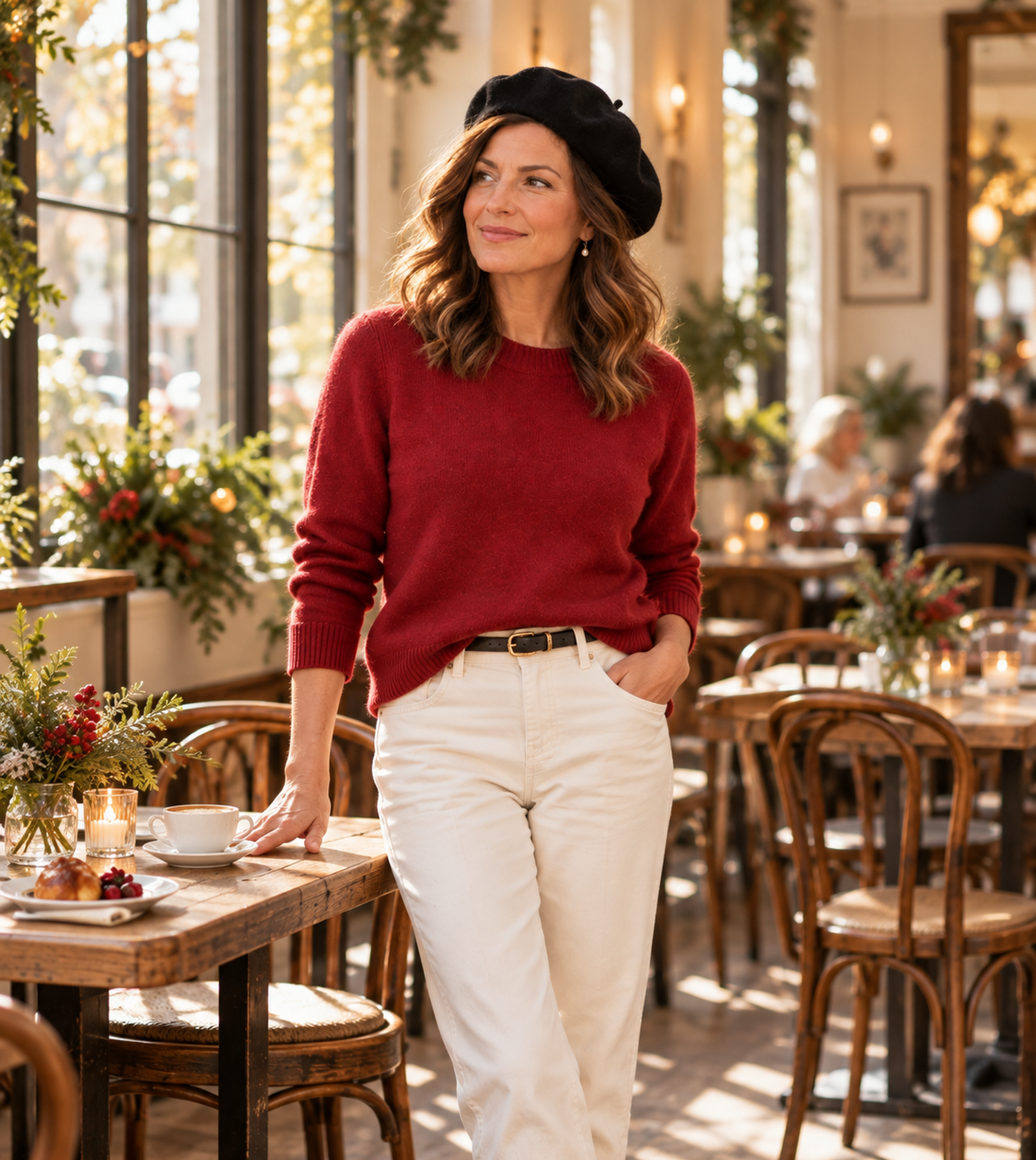 Cranberry red sweater half-tucked into cream trousers with a black beret at a cafe