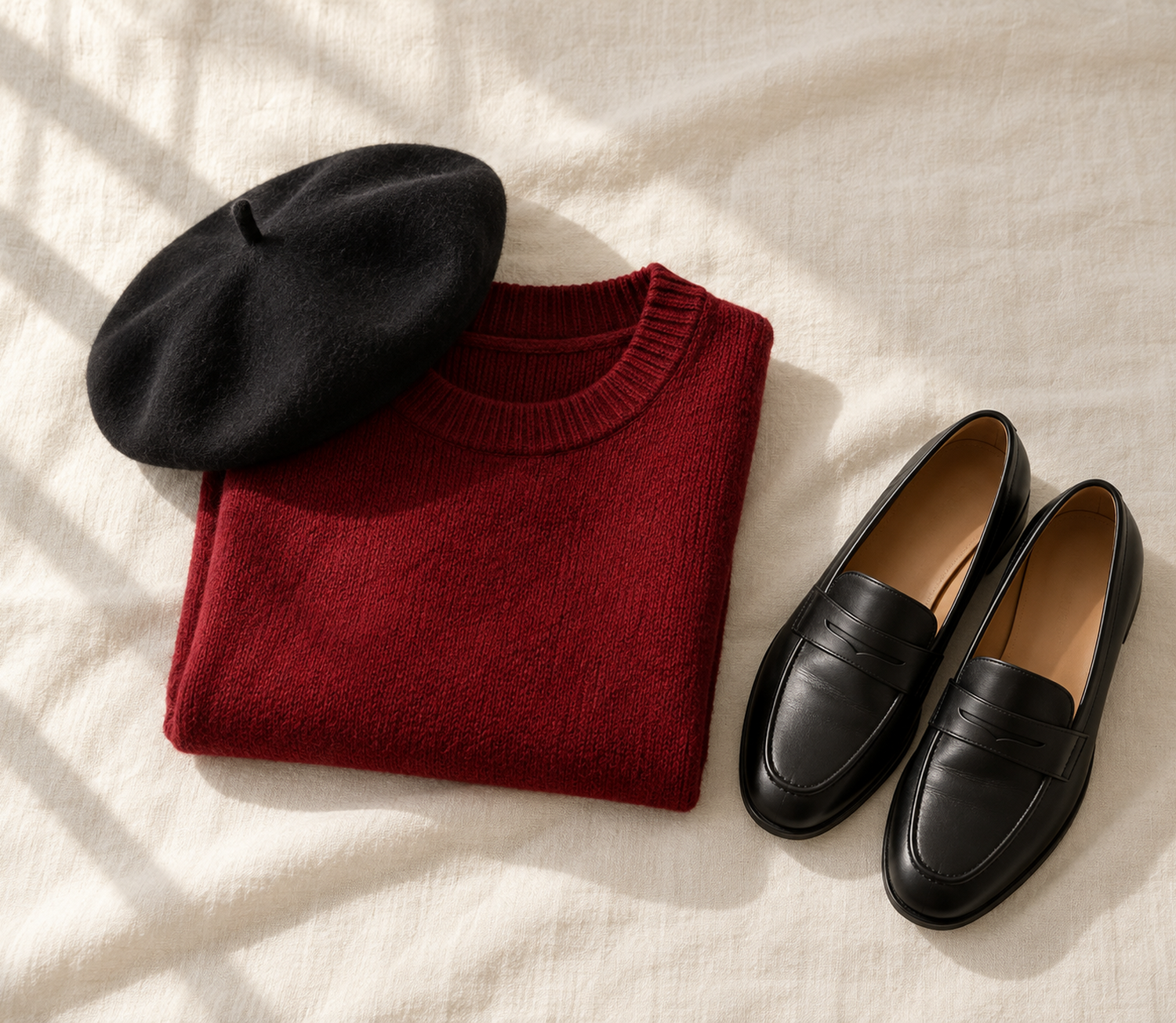 Cranberry red crew neck sweater folded with a black wool beret and black leather loafers