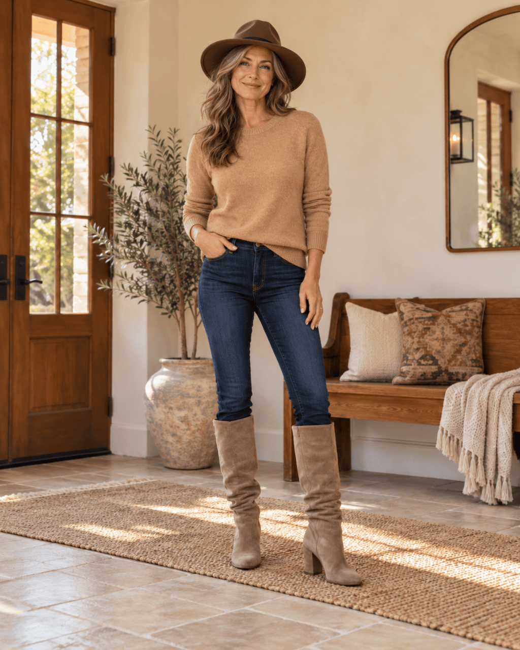Woman in her 40s wearing a camel sweater, dark jeans tucked into taupe suede slouch boots and a coffee felt fedora in a sunlit entryway