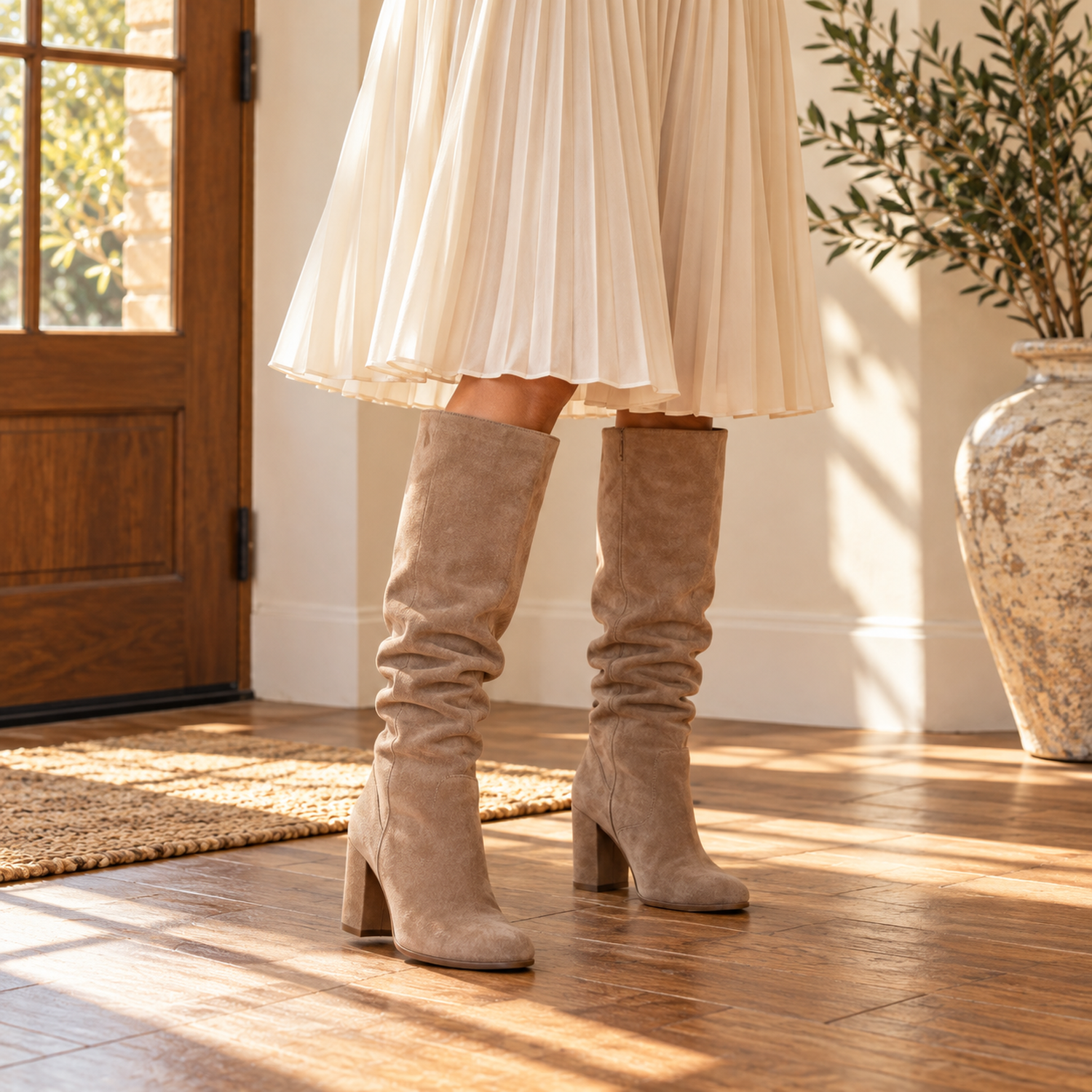Cream pleated midi skirt hem landing just above taupe suede slouch boots